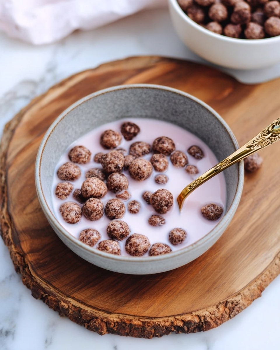 A grey ceramic bowl filled with light pink milk and round, brown cereal balls floating on top, with a detailed gold spoon partly submerged in the milk on the right side of the bowl. The bowl is placed on a wooden board with natural textures and edges, sitting on a white marbled surface. A white bowl with some more brown cereal balls is in the background on the top right. Photo taken with an iphone --ar 4:5 --v 7