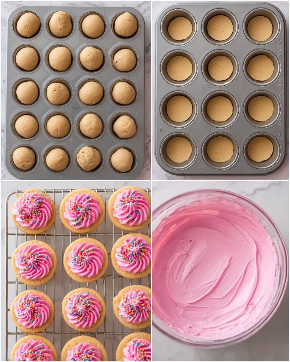 The image shows four separate scenes of cookie baking. The first scene is a gray metal muffin tray filled with 12 round, light brown dough balls with smooth tops, evenly spaced in the tray. The second scene shows the same tray with 12 evenly baked, tan, shallow bowls of cookie dough with even surfaces and slightly darker edges, still in the tray. The third scene is a close-up of smooth, thick, pale pink frosting spread in a bowl with visible swirls and ridges. The last scene shows 20 small, round cookies with a light golden base, each topped with a swirled, bright pink frosting piped in a neat star shape with rainbow sprinkles on top, arranged evenly on a white wire cooling rack placed on a white marbled surface. Photo taken with an iphone --ar 4:5 --v 7