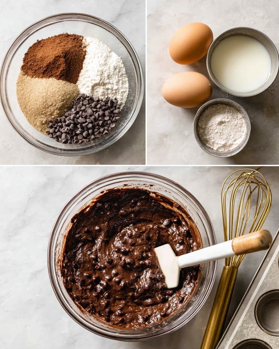 The image shows three clear glass or metal bowls with ingredients for baking. The top left bowl contains dry ingredients in different sections: brown sugar, salt, cocoa powder, small dark chocolate chips, and baking powder, all in a clear glass bowl on a white marbled surface. The top right bowl holds two whole eggs, white liquid (likely yogurt or cream), and a small amount of a light powder in a metal bowl on the same surface. The bottom part of the image shows a clear glass bowl filled with thick, dark brown chocolate batter mixed with chocolate chips and a white spatula with a tan handle resting inside the bowl; this bowl is placed next to a white muffin tray with circular slots, a silver spoon, a gold whisk, and a white spatula on the white marbled surface. photo taken with an iphone --ar 4:5 --v 7