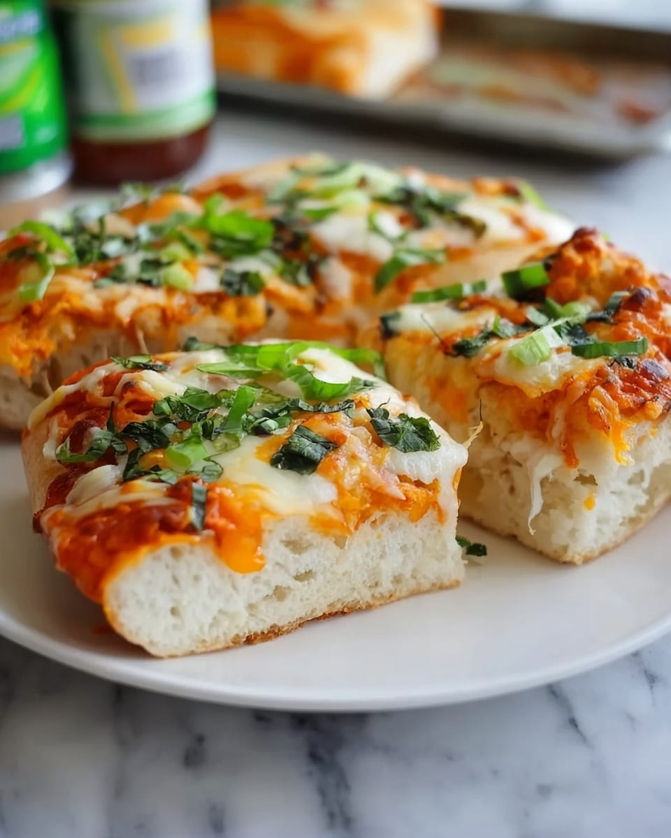 The image shows close-up slices of thick pizza with a visible soft and fluffy white crust base. The first layer on top of the crust is a bright orange sauce, evenly spread and slightly dripping down the sides. Above the sauce is a generous melted light yellow cheese layer with a smooth and creamy texture. The pizza is topped with fresh green leafy herbs, scattered across the cheese, adding a lively color contrast. The slices are served on a simple white plate, set on a white marbled surface. In the background, a blurry bottle and tray can be seen. photo taken with an iphone --ar 4:5 --v 7