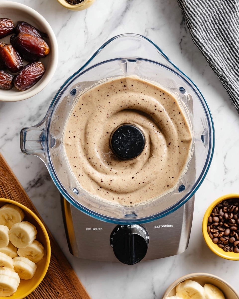 The image shows a clear blender filled with a light brown smoothie mixture spinning in the center, creating a whirlpool texture with small darker specks inside. The blender sits on a silver base with black buttons, placed on a white marbled surface. Around the blender, there is a small white bowl with whole dates on a wooden board, a yellow bowl filled with sliced bananas, a small yellow bowl with coffee beans, and a black and white striped cloth in the top right corner. Photo taken with an iphone --ar 4:5 --v 7