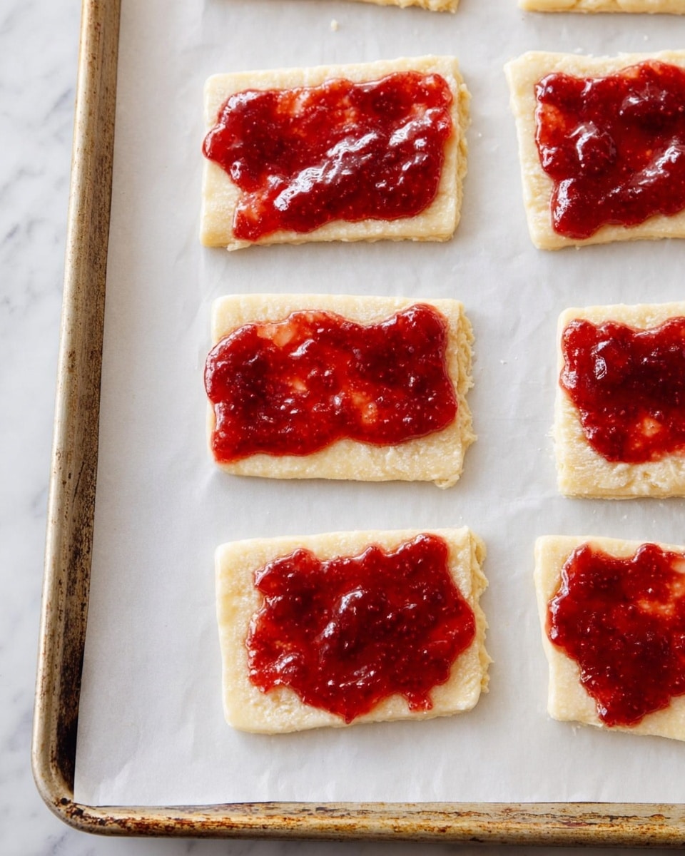 The image shows six raw pastry rectangles evenly placed on white parchment paper on a baking tray with a slightly worn rim. Each pastry square is pale beige with a soft, smooth texture and is topped with a thick layer of bright red jam spread in an uneven, blotchy pattern, giving a shiny, slightly chunky look. The jam covers the middle part of each pastry, leaving the edges exposed. The background surface under the tray is a white marbled texture. photo taken with an iphone --ar 4:5 --v 7
