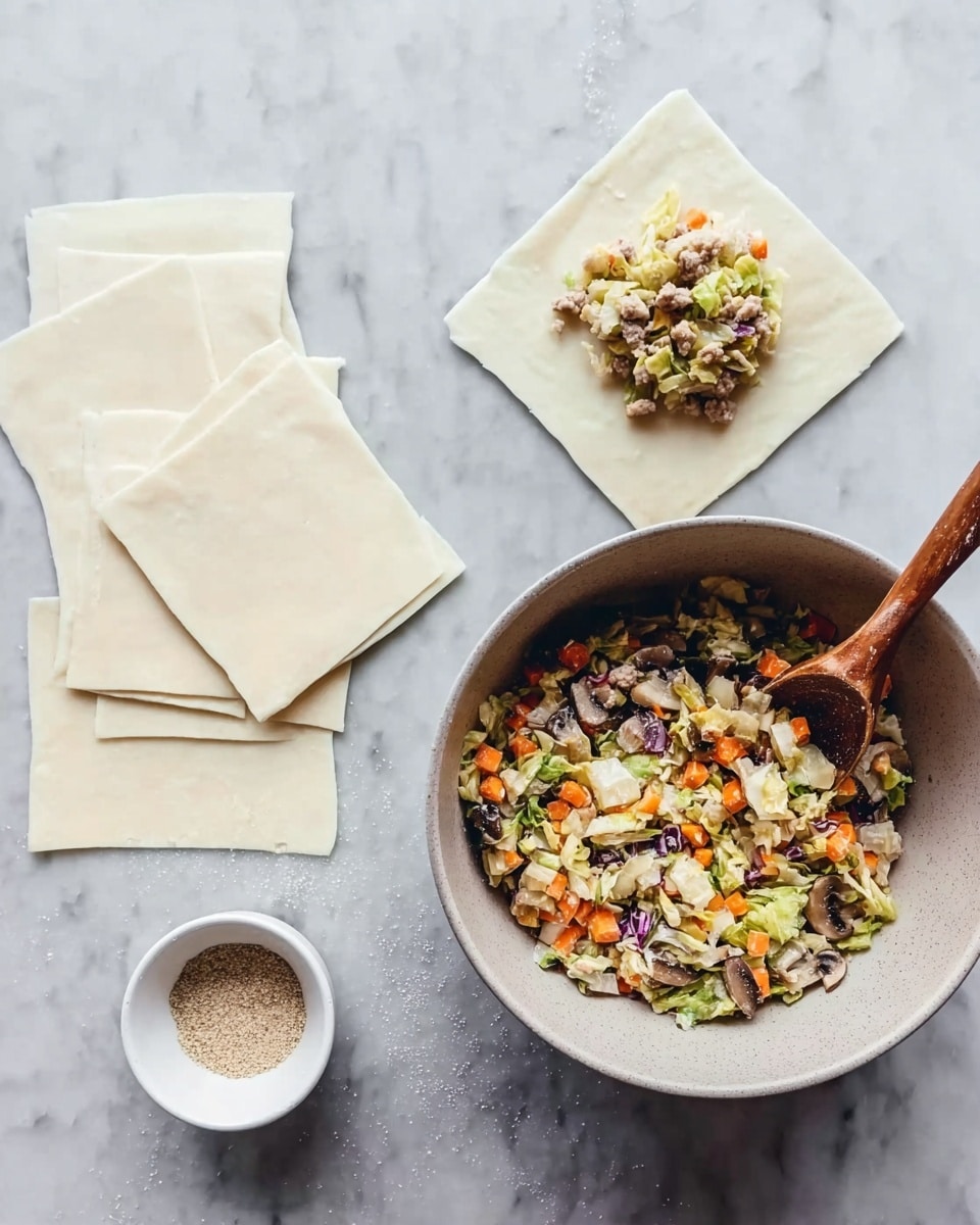 A top view of a light gray bowl filled with a colorful mix of chopped vegetables including orange carrots, green cabbage, and brown mushrooms, plus small bits of meat, all mixed together with a wooden spoon inside the bowl. Nearby, a single piece of a square white wrapper sits on a white marbled surface with a small round mound of the same veggie and meat mix on top. Next to it, there is a small white bowl with light brown seasoning inside. Multiple square sheets of white dough wrappers are spread out below these items on the white marbled surface photo taken with an iphone --ar 4:5 --v 7