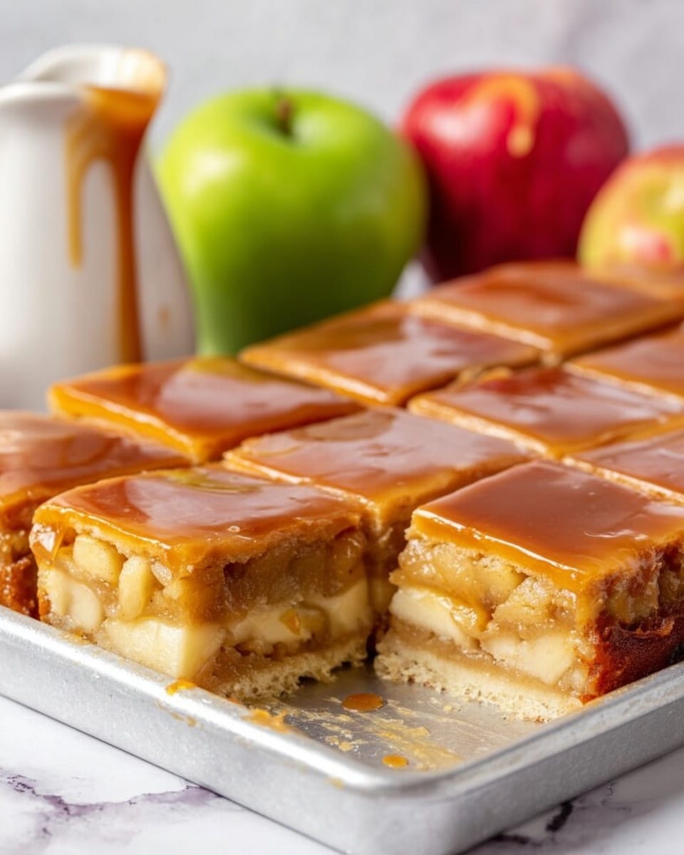 The image shows a silver baking tray on a white marbled surface containing a dessert cut into square pieces with one piece slightly pulled out, showing several layers inside. The bottom layer is a light golden crust, above it is a thick layer of chunky apple filling in beige and light yellow shades with visible apple pieces trapped inside, then a thin layer of pale custard or cream. The top layer is a smooth, shiny, caramel-colored glaze evenly covering the whole surface. In the background, there are two green apples and one red apple, along with a white jug filled with caramel sauce. Photo taken with an iphone --ar 4:5 --v 7