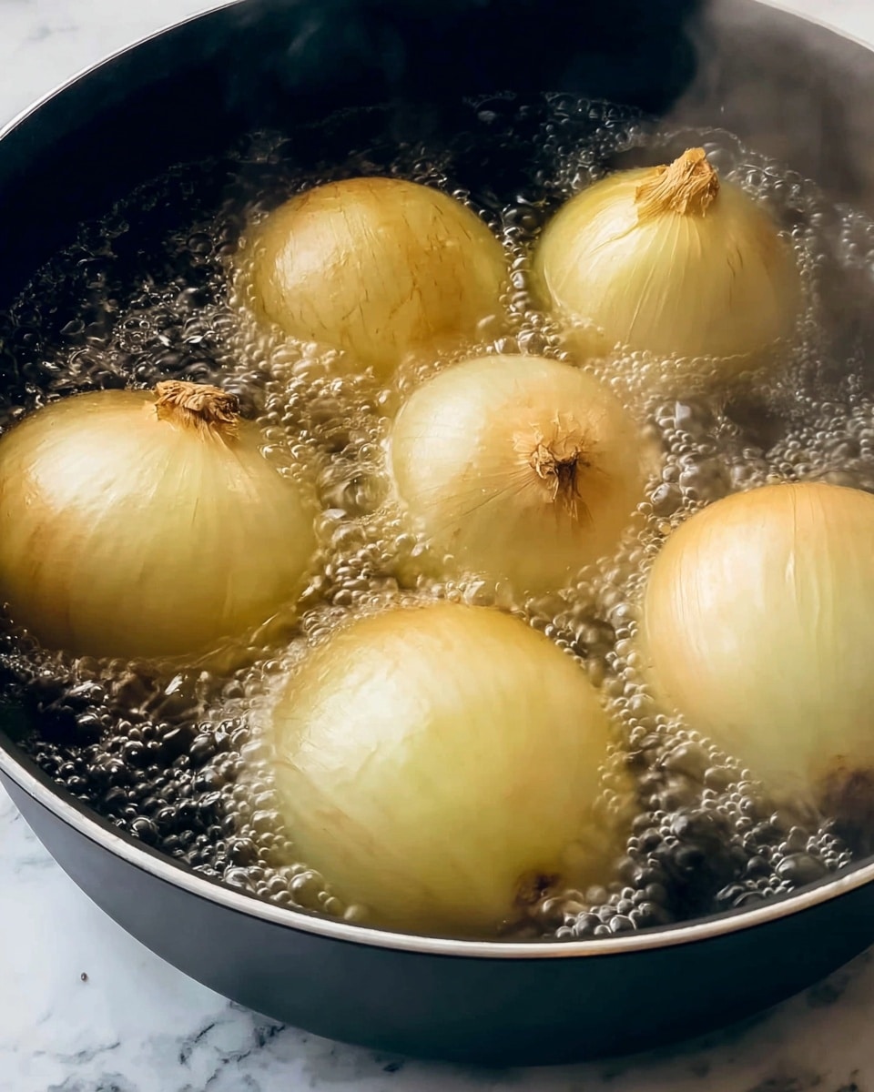 The image shows several whole peeled onions boiling in a pot filled with bubbling water. The onions are a pale yellow color and appear smooth in texture, with some visible layers near their tops. The water's surface is active with bubbles rising and steam floating above, indicating a hot cooking process. The onions are arranged close to each other, partially submerged, and evenly spaced in the pot. The pot itself is dark-colored and placed on a white marbled surface. Photo taken with an iphone --ar 4:5 --v 7