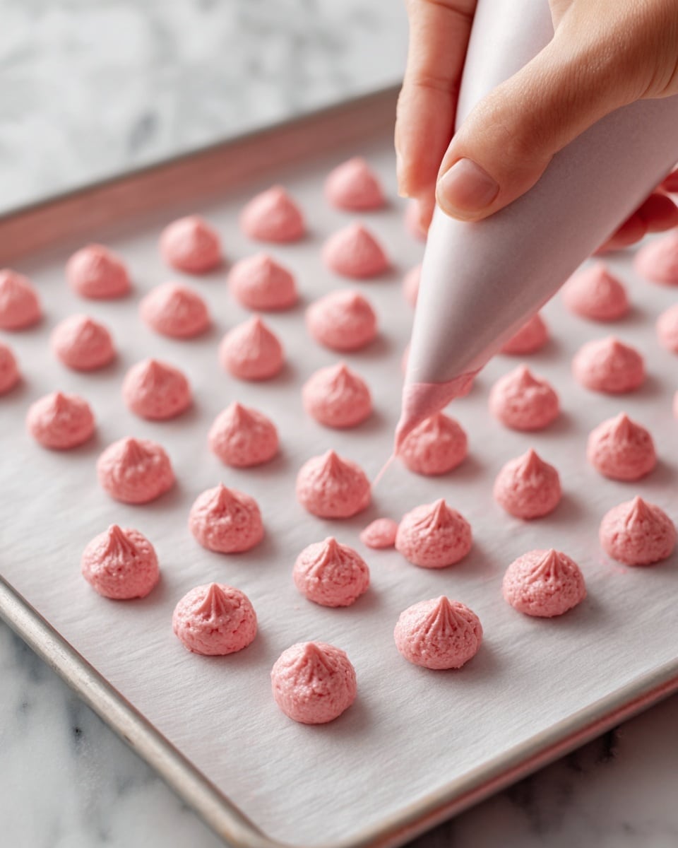 A close-up of a woman's hand holding a piping bag filled with pink batter, squeezing small dollops onto white parchment paper on a metal baking tray. The dollops are arranged in neat rows and have a smooth, slightly textured surface. The background is a white marbled surface. photo taken with an iphone --ar 4:5 --v 7