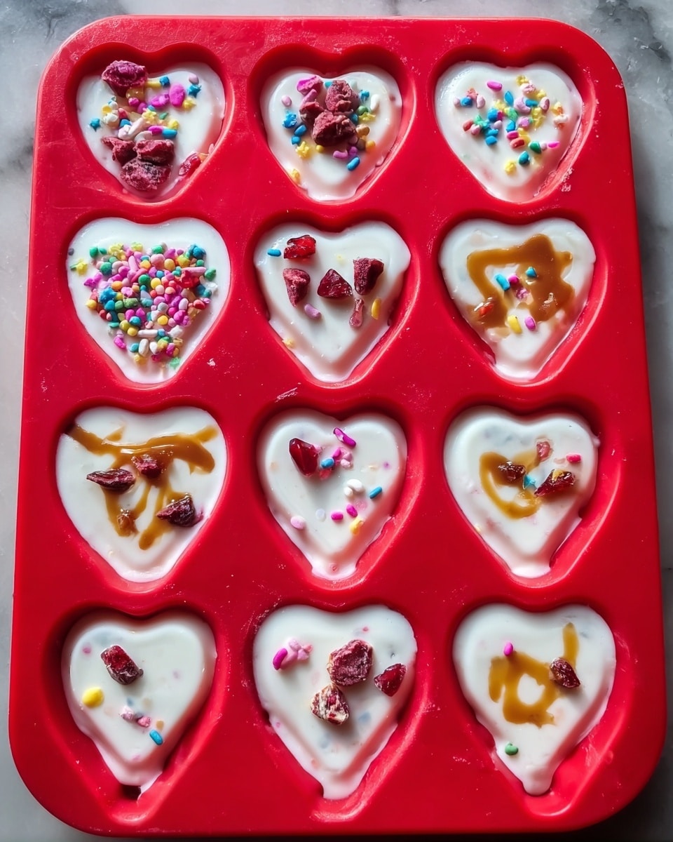 A close-up of a woman's hand holding a small heart-shaped treat that is light purple with visible bits of dark berries inside. In the background, on a wooden surface, there are more heart-shaped treats - some light purple with dark spots, one white with colorful sprinkles on top, and another purple with a green stem. The texture of these treats is smooth and slightly glossy, and they vary slightly in color and toppings. The surface is wooden with natural grain patterns, and tiny bits of crumbs are scattered around. photo taken with an iphone --ar 4:5 --v 7
