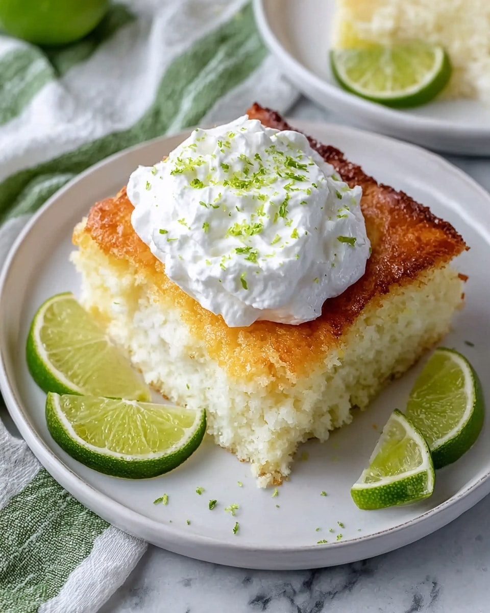 A square piece of light golden cake with a slightly crispy top layer sits on a white plate. The cake has two visible layers: a bottom layer that is white and moist with a soft texture, and a top layer that is golden and lightly textured. On top of the cake is a dollop of white whipped cream sprinkled with small green lime zest. Around the cake on the plate are three lime slices added for decoration. The plate is on a white marbled surface, next to a green and white striped cloth. Photo taken with an iphone --ar 4:5 --v 7