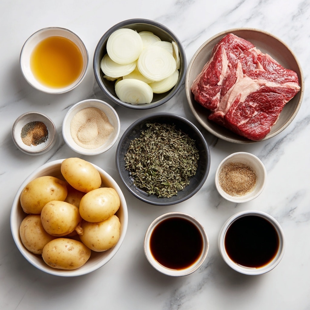 A white round bowl on a white marbled surface holds a dish with three main layers. The bottom layer is smooth, creamy mashed potatoes in a pale off-white color, spread thickly along the base and edges of the bowl. On top of this is a thick, dark brown gravy that covers large, chunky pieces of tender meat with a rich, glossy texture. A sprig of fresh green thyme lays across the meat. At the back side of the bowl, a single piece of toasted bread with a golden-brown, crunchy surface leans slightly against the mashed potatoes. Photo taken with an iphone --ar 4:5 --v 7