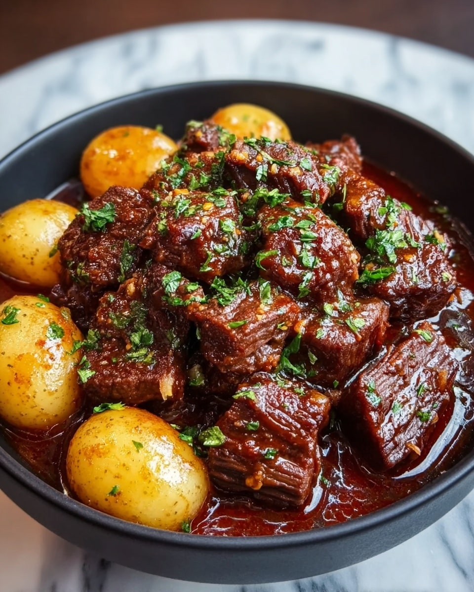 The dish shows a bowl filled with two main layers: the bottom layer has small, round golden potatoes lightly coated with shiny sauce and some sprinkled green herbs. On top of the potatoes, there is a thick layer of dark brown chunks of meat covered in a rich, glossy sauce mixed with bits of green herbs. The sauce glistens, giving the meat a juicy look, and the green herbs add a fresh touch all over. The bowl is white, placed on a white marbled surface. photo taken with an iphone --ar 4:5 --v 7
