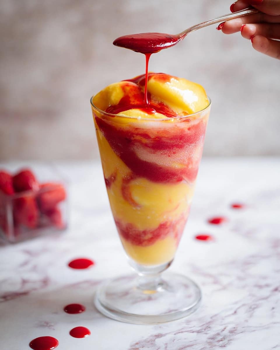 A tall clear glass holds three visible layers: the bottom layer is a bright red smooth sauce, the middle layer is a mix of red and yellow swirled softly together, and the top layer is a thick yellow cream with a bright red sauce being drizzled over it from a spoon held by a woman's hand above. The background and surface are white marbled texture with some scattered red drops around the glass. Photo taken with an iphone --ar 4:5 --v 7
