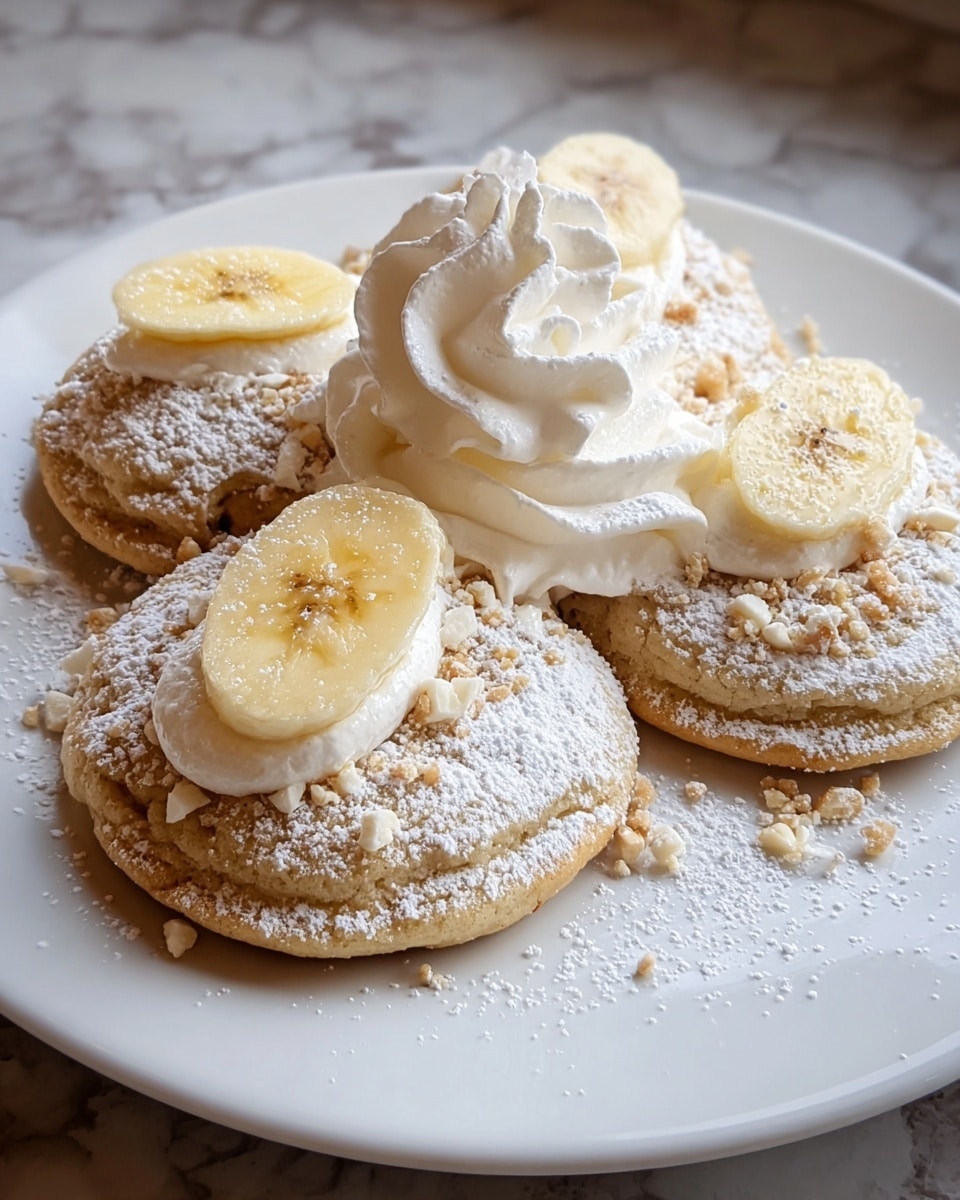 There are six small round cupcakes on a white plate with a white marbled surface underneath. Each cupcake is light brown with a slightly rough texture and a soft dome shape. On top of every cupcake, there is a white whipped cream dollop with smooth, soft peaks. A thin banana slice with a light yellow color and hint of brown spots is placed upright in the whipped cream on each cupcake. The cupcakes are sprinkled with white powdered sugar, giving a light dusting look. Photo taken with an iphone --ar 4:5 --v 7