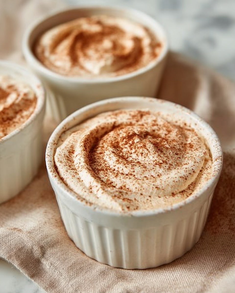 A close-up view of a white bowl filled with a thick, creamy whipped mixture, light beige in color, topped with a dusting of brown powder, likely cinnamon or cocoa. A silver spoon scoops a generous portion from the bowl, showing the smooth, airy texture with some powder sprinkled on and around the edges inside the bowl. The bowl sits on a white marbled surface with soft textures and brown shades from nearby objects out of clear focus. Photo taken with an iphone --ar 4:5 --v 7