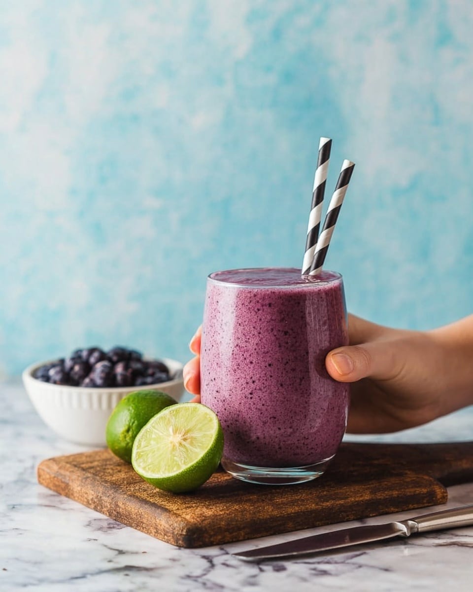 A thick purple-pink smoothie fills a clear glass with a smooth but slightly textured surface showing tiny dark specks inside. The top layer is creamy with two black and white striped paper straws inserted on the right side. The glass sits on a white marbled surface, with blurred background elements including half an avocado, a small white bowl filled with dark purple berries, and another small green fruit. Photo taken with an iphone --ar 4:5 --v 7