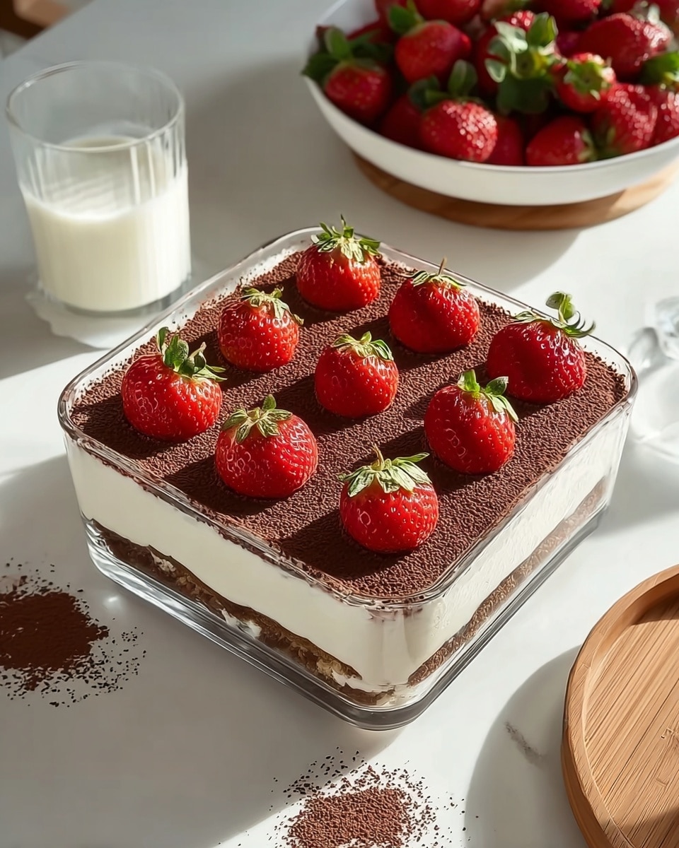 A clear square container holds a layered dessert with three visible layers: a bottom layer of dark brown cake or biscuit, a middle thick white creamy layer, and a top layer covered in fine dark brown cocoa powder, topped with nine fresh red strawberries evenly spaced and showing their green leaves. The container sits on a white marbled surface with some cocoa powder sprinkled next to it. In the background, there is a white plate filled with more fresh strawberries and a clear glass filled with milk. A wooden plate edge is also partly visible nearby. The scene is brightly lit with natural light. photo taken with an iphone --ar 4:5 --v 7
