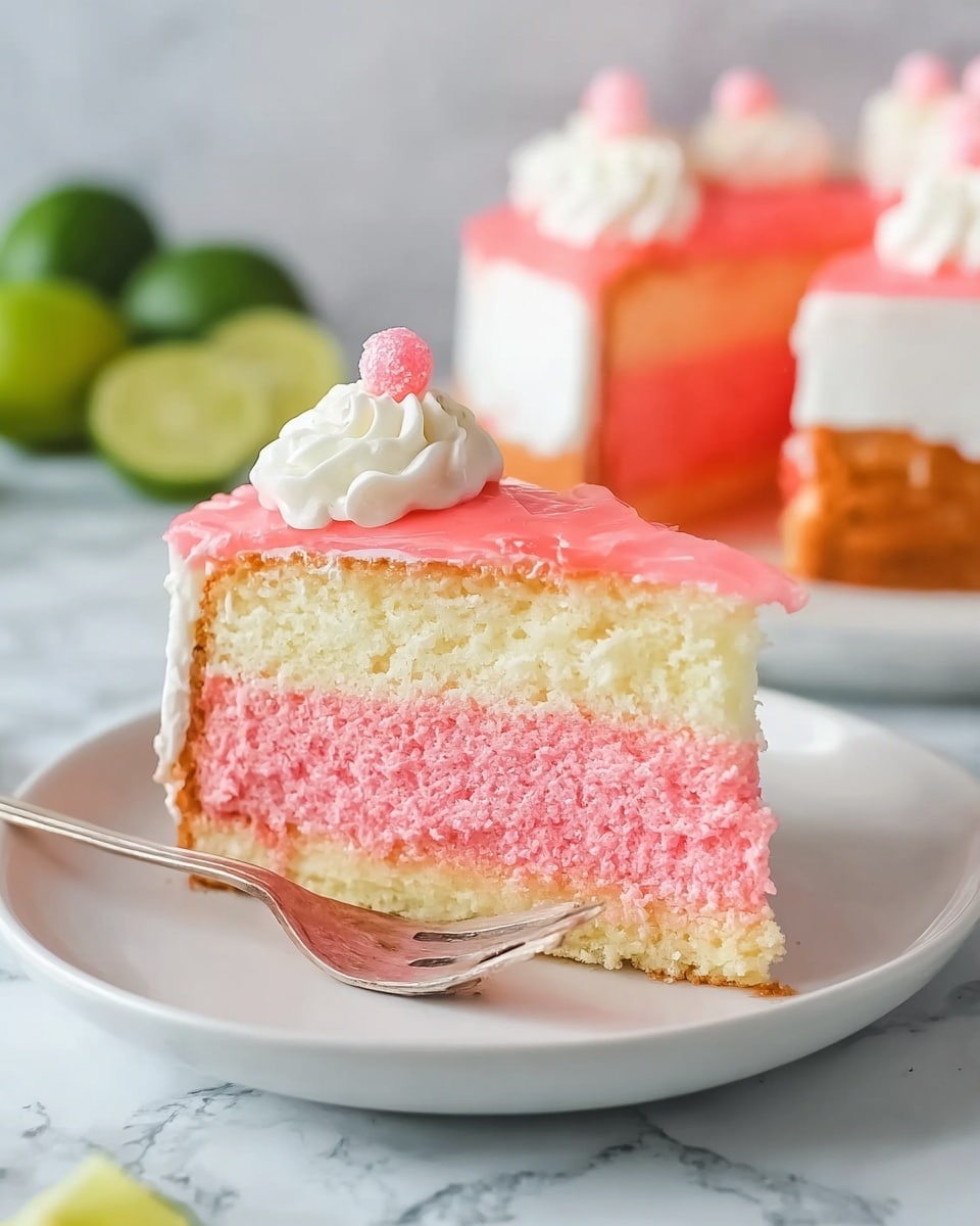The image shows a slice of cake on a white plate with a silver fork beside it. The cake has three visible layers: a bottom thin yellow layer, a thick pink middle layer, and a white creamy layer on top. The whole cake slice is covered with a light pink glaze, smooth and shiny, extending slightly onto the sides. A delicate pale pink flower sits on top of the cake slice as decoration. In the background, there is the rest of the cake, also pink and white, on a white plate, with a soft blue cloth on a white marbled surface. photo taken with an iphone --ar 4:5 --v 7