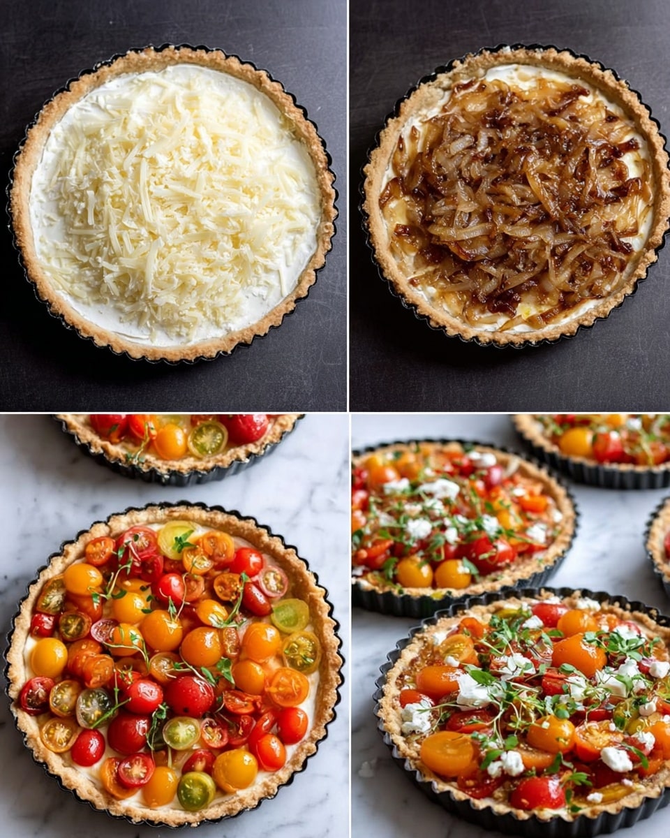 The image shows a sequence of four pictures of a tart being made, arranged in a grid. The top left shows a white tart base filled with a creamy white layer and topped with shredded pale yellow cheese. The top right picture shows the same tart with the cheese replaced by a thin, even layer of caramelized brown onions. The bottom left picture shows the tart now topped with colorful halved cherry tomatoes in red, yellow, and orange, scattered over the onion layer with green herb sprigs on top. The bottom right picture shows the finished tart fully cooked and removed from the tart pan, revealing a slightly browned crust, the onions, melted cheese, and roasted cherry tomatoes on top, garnished with fresh green herbs and small white cheese shavings. Smaller tarts with similar toppings are visible beside it on a white marbled surface. Photo taken with an iphone --ar 4:5 --v 7