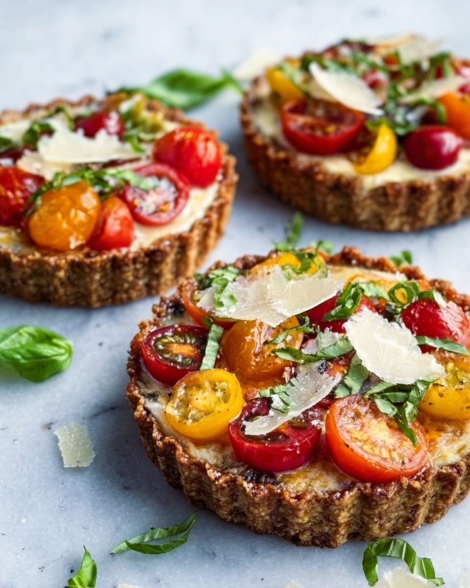 Three small tartlets sit on a white marbled surface, each placed close to one another. Each tartlet has a golden-brown crust that looks crunchy and firm. On top of the crust is a layer of melted cheese that covers the base, appearing creamy and soft. Over the cheese, there are colorful halved cherry tomatoes in shades of red, orange, and yellow, scattered evenly. Fresh green basil leaves are sprinkled on top, adding a pop of bright green color. Thin shavings of pale, ivory cheese are placed over the tomatoes and basil, adding a delicate texture. Some loose basil leaves are scattered around the tartlets on the white marbled surface. The light shines softly on the tartlets, highlighting their fresh and vibrant look. Photo taken with an iphone --ar 4:5 --v 7