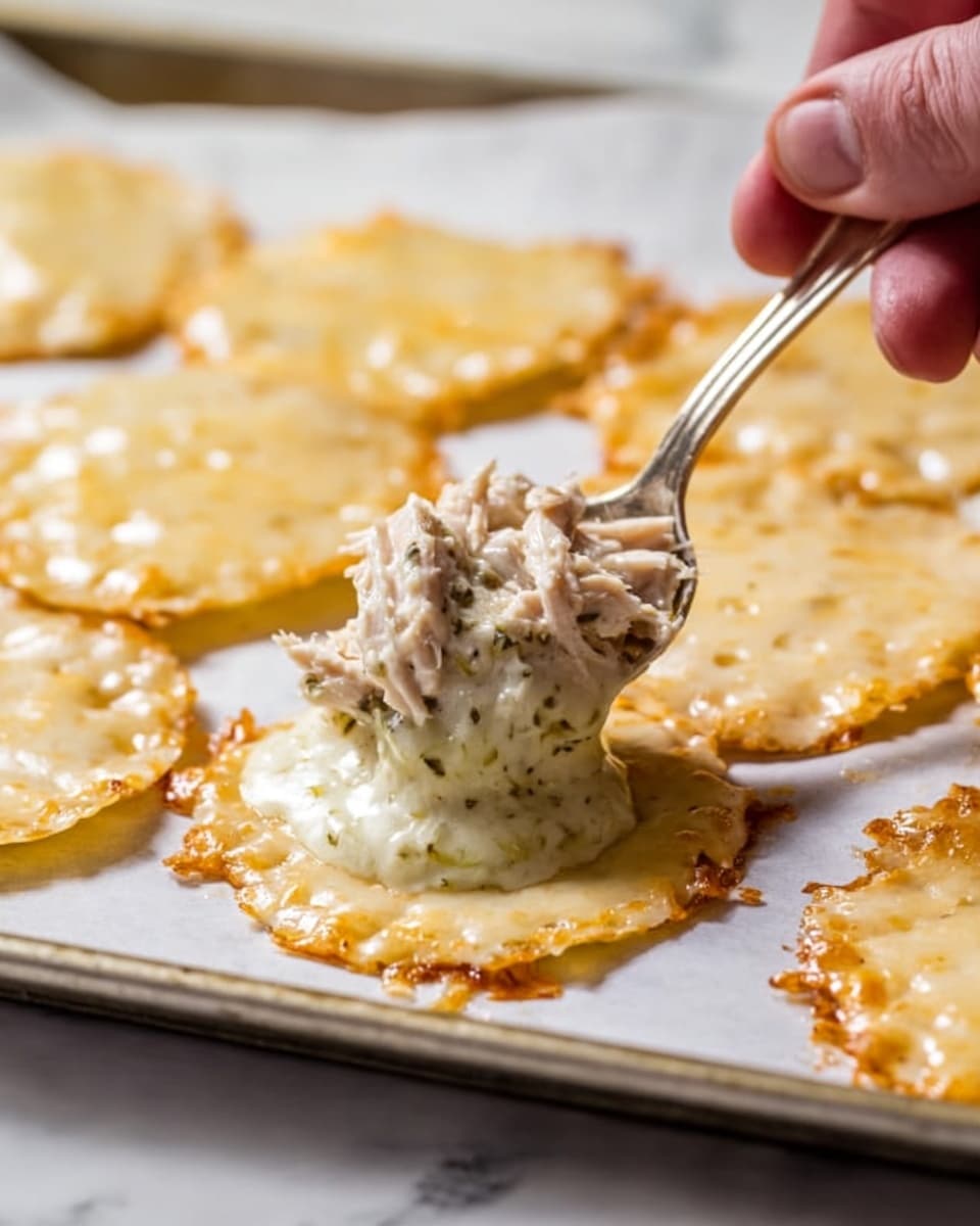 A close-up photo shows a spoon held by a woman's hand scooping a creamy mixture of shredded chicken and sauce over round, thin, golden cheese crisps that are slightly bubbled and melting on a white parchment paper. The cheese crisps are arranged on a metal tray sitting on a white marbled surface, with a soft light shining on the glossy textures of the melted cheese and the creamy chicken mixture photo taken with an iphone --ar 4:5 --v 7