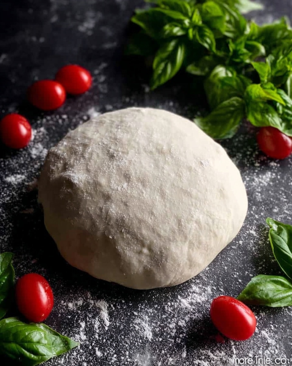 A round, smooth ball of raw dough sits in the center on a dark surface sprinkled lightly with flour. Around the dough are fresh green basil leaves with a slightly shiny texture and several small bright red grape tomatoes. The background is changed to a white marbled texture to highlight the dough ball and fresh ingredients. photo taken with an iphone --ar 4:5 --v 7