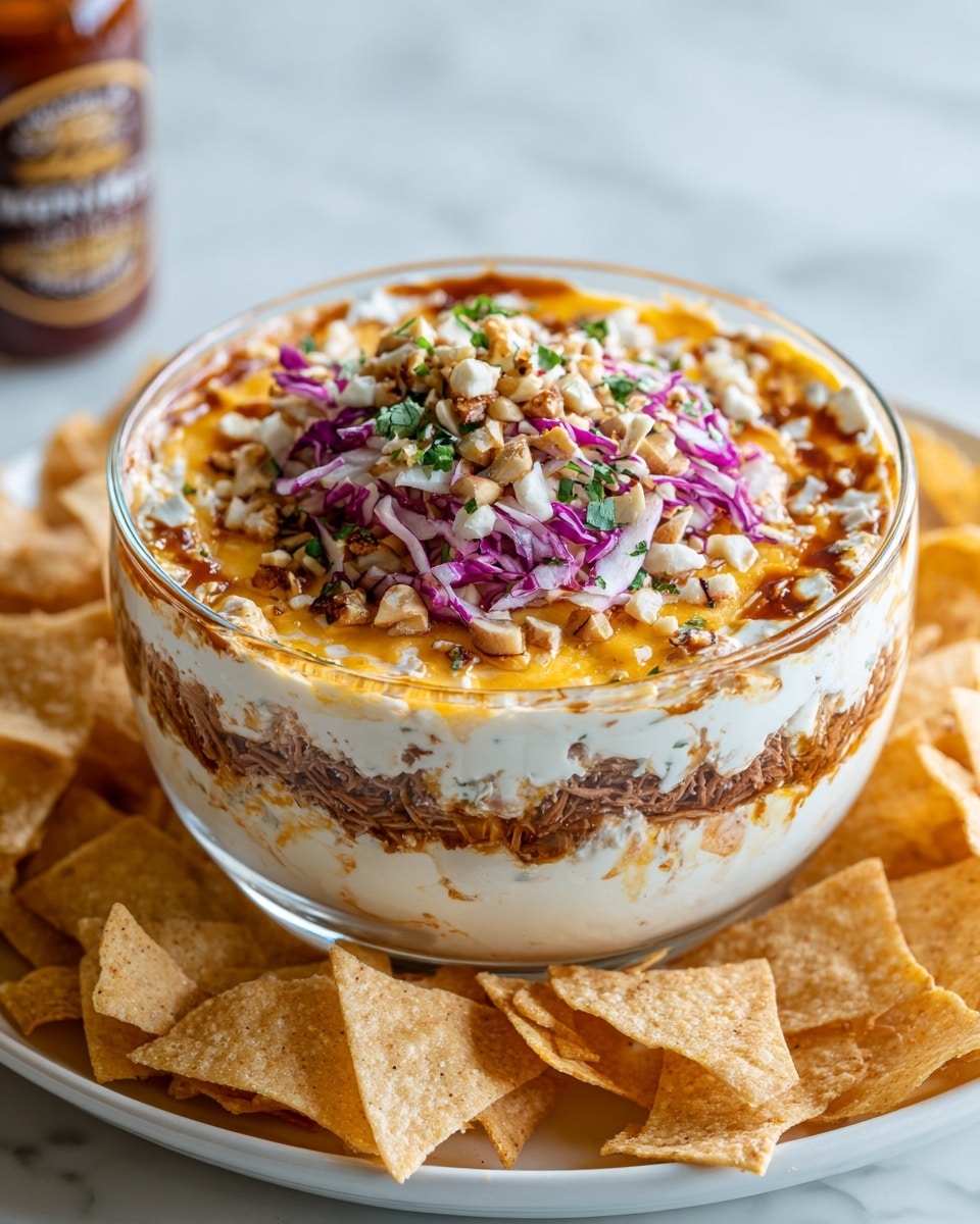 A white plate with a textured rim holds several golden crispy triangular chips. One chip in the front is topped with shredded orange cheese, shredded light tan meat, a small piece of bright purple cabbage, and a green herb leaf. Beside the chips, there is a small mound of shredded light tan meat mixed with shredded orange cheese, thin slices of purple cabbage, light-colored nut pieces, and small green herb leaves, all resting on a white marbled surface. photo taken with an iphone --ar 4:5 --v 7
