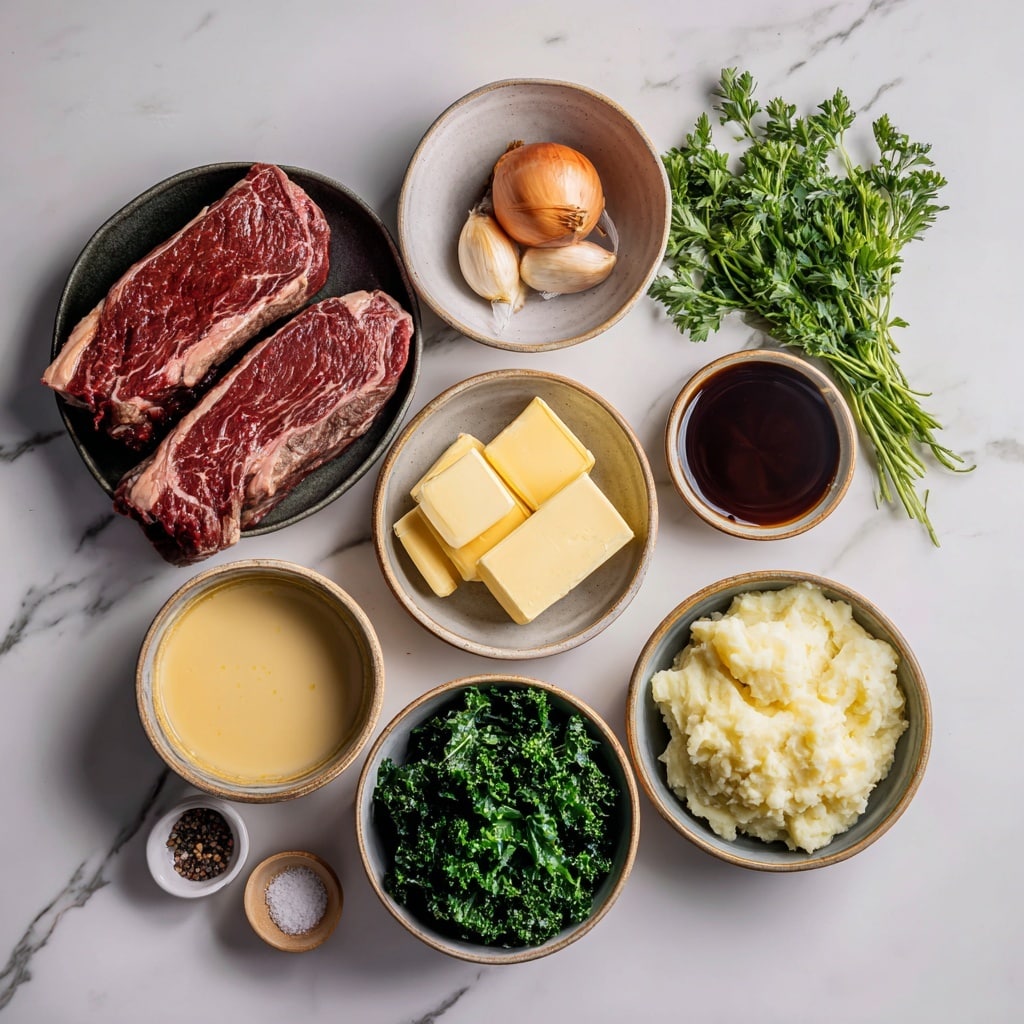 A white plate holds two thick, browned steaks placed side by side on the left half, with a rich brown sauce spread beneath them, shining under the light. On the right half, there is a large scoop of creamy mashed potatoes, pale yellow in color with a soft, slightly lumpy texture, sprinkled evenly with small green parsley leaves and black pepper. The dish is presented on a textured white marbled surface, with a folded beige cloth napkin under the plate’s left side and a fork and knife set resting nearby. Photo taken with an iphone --ar 4:5 --v 7