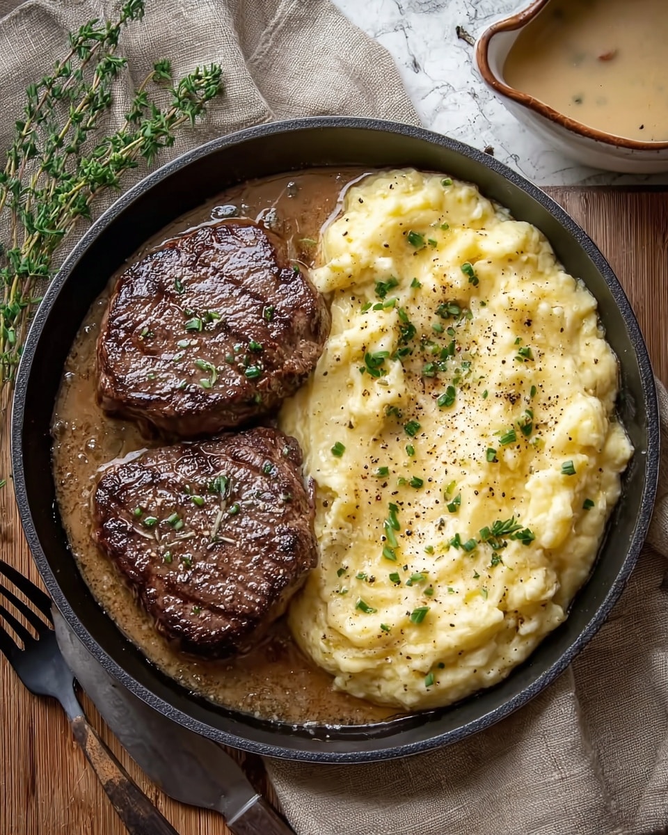 A round dark plate holds two thick, brown, grilled steaks with visible grill marks and a shiny, slightly oily surface. The steaks are placed right next to a large creamy mound of pale yellow mashed potatoes sprinkled with small bits of green herbs and black pepper. A light brown gravy surrounds the steaks and mashed potatoes at the base of the plate. The plate sits on a white marbled texture with a beige cloth napkin and some green herbs nearby. Photo taken with an iphone --ar 4:5 --v 7