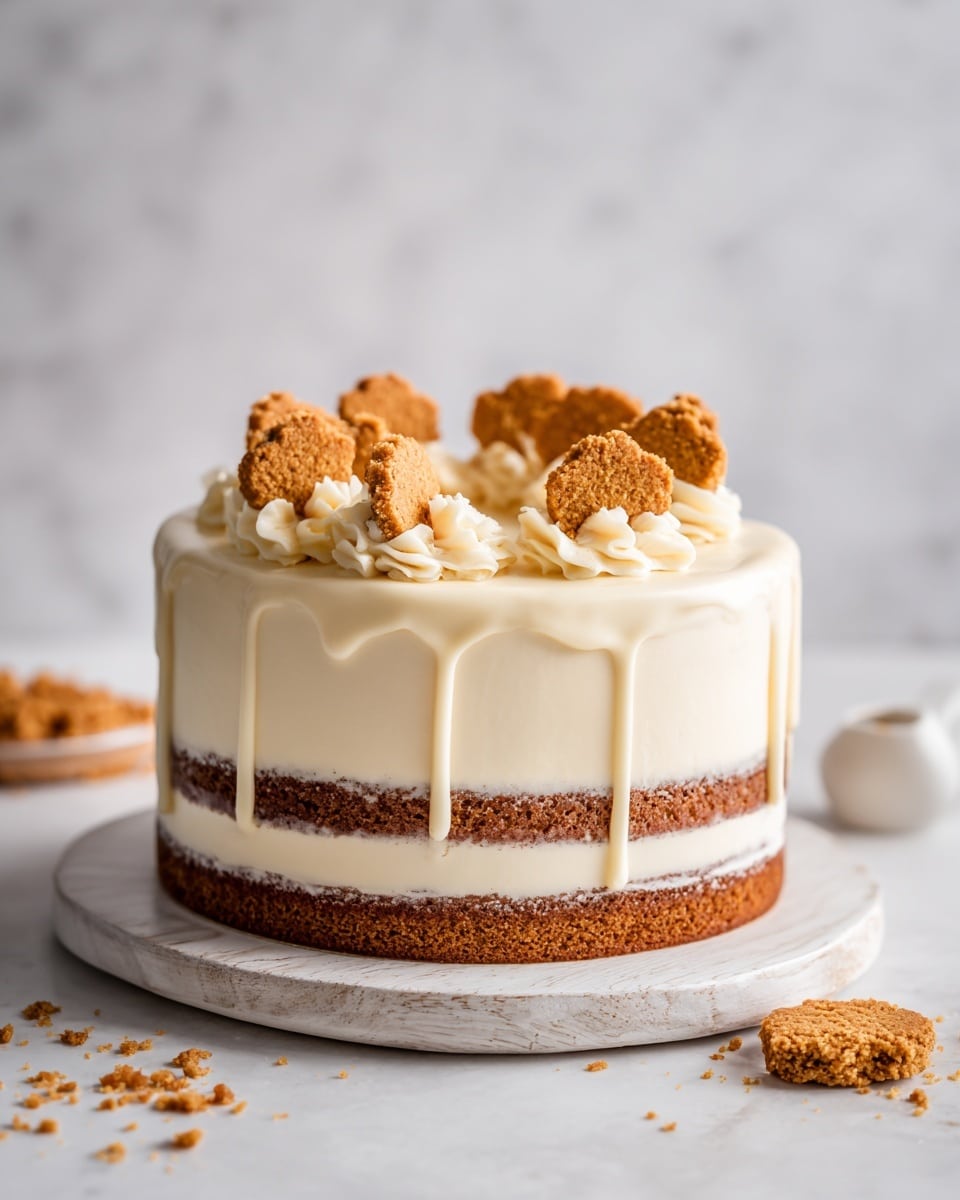 A three-layer cake sits on a white wooden plate with smooth white frosting covering the top and sides, revealing two thin layers of brown cake peeking through the frosting around the middle. A creamy white glaze is dripping slightly down the sides from the top layer, which is neat and even. On top, there is a cluster of broken golden brown cookies arranged around the edge, with some cookie crumbs scattered nearby. The whole setup is on a white marbled surface. photo taken with an iphone --ar 4:5 --v 7