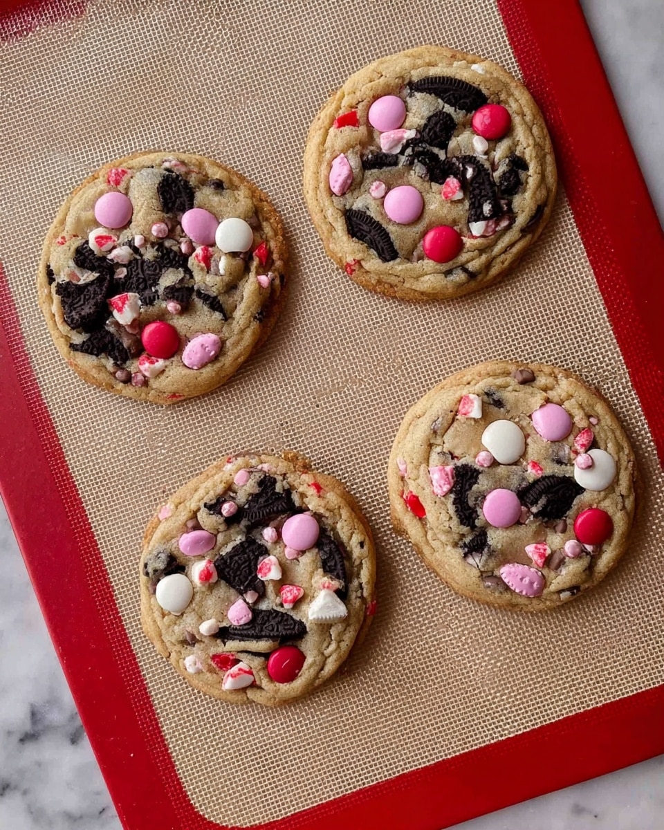 Three cookies are shown on a beige silicone baking mat with a red border, placed on a white marbled surface. Each cookie has a light brown base and is studded with mixed pieces of black and white sandwich cookies, along with round candy-coated chocolates in red, pink, and white colors scattered on top. The cookies are spaced apart in a triangular arrangement, showcasing their chunky texture and colorful toppings clearly. photo taken with an iphone --ar 4:5 --v 7
