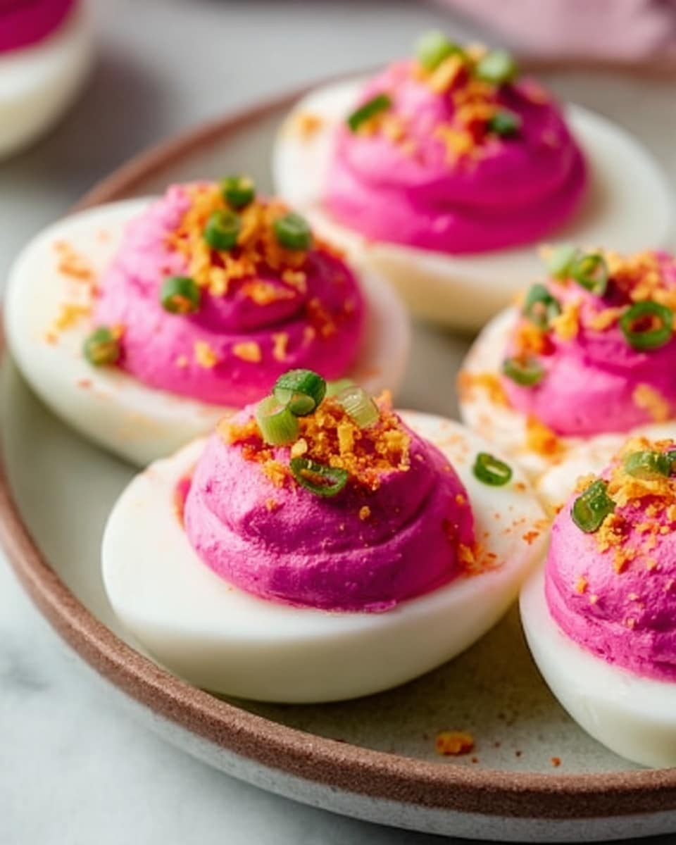 The image shows a close-up of four halved boiled eggs on a white plate with a brown rim, placed on a white marbled surface. Each egg has a smooth white egg white outer layer filled with a bright pink creamy filling that has a smooth, whipped texture, slightly rounded on top. The pink filling is topped with small pieces of orange seasoning and small green round slices scattered evenly, adding color contrast. In the background, a woman's hand is gently holding one egg half on the right side of the plate. The lighting highlights the colors and textures clearly. photo taken with an iphone --ar 4:5 --v 7