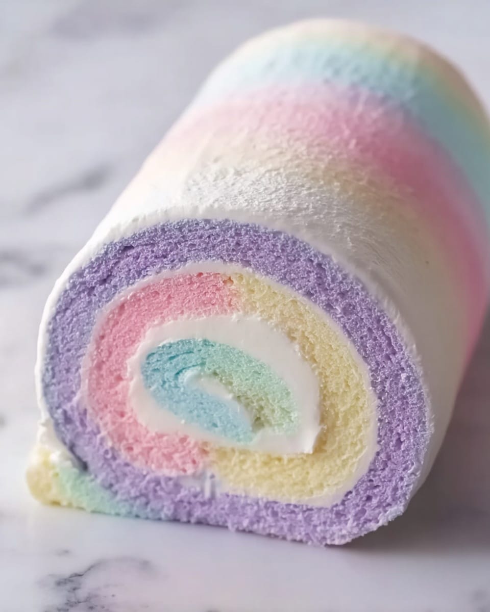 The image shows a close-up of a rolled cake with five visible layers spiraled inside. The outer layer is a smooth white cream. Inside, the swirl has pastel colors beginning with light purple closest to the cream, followed by a light pink, then white again, a pale green, and a pale yellow on the outer edge. The cake has a soft and fluffy texture with a fine, smooth cream on the outside. The background and surface feature a white marbled texture. photo taken with an iphone --ar 4:5 --v 7
