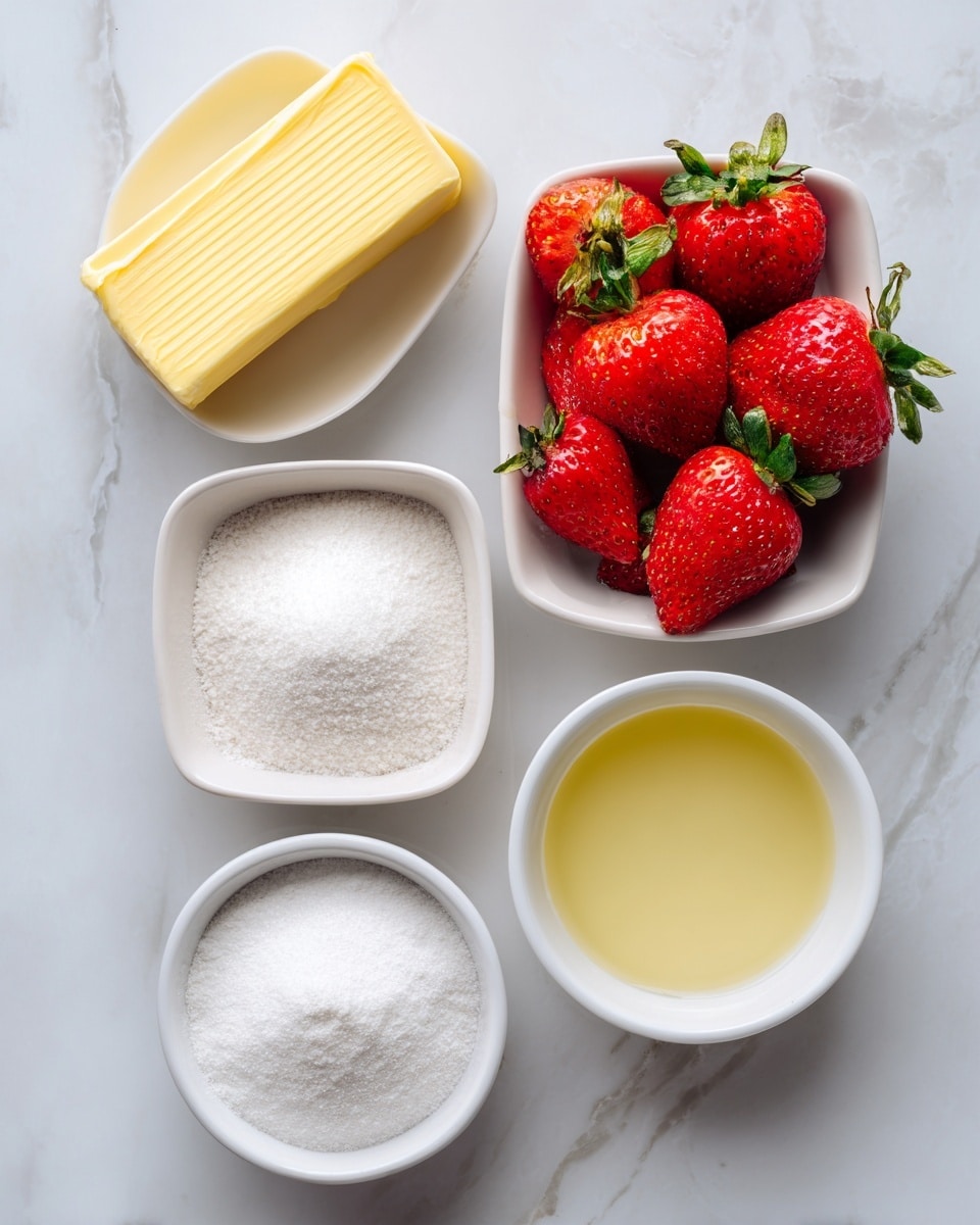 Five small white bowls sit on a white marbled surface. The top bowl holds a rectangular pale yellow block labeled vegan butter. Below to the left is a bowl with white powder called cornstarch. To the right is a bowl full of bright red strawberries with green leaves. Below the cornstarch is a bowl of fine white granulated sugar. The last bowl to the right holds pale yellow lime juice. Each bowl is labeled with black text on a white oval background. photo taken with an iphone --ar 4:5 --v 7