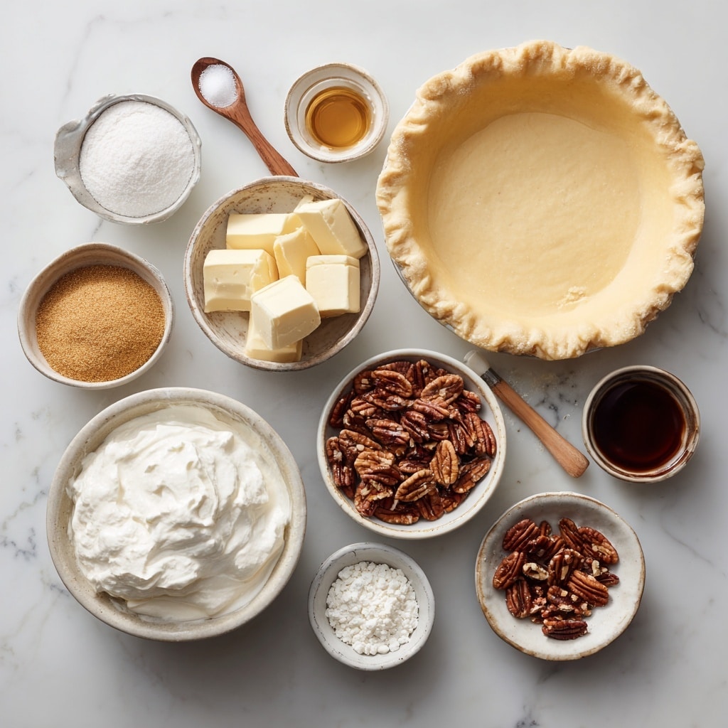 The image shows a white pie dish containing a pecan pie with one slice removed. The pie has three clear layers: the bottom layer is a light golden-brown crust with a slightly rough texture, the middle layer is thick and creamy beige with small bits of pecan mixed inside, and the top layer is fluffy white whipped cream decorated with scattered chopped pecans. The pie dish sits on a white marbled surface, and in the background, there is a cup of black coffee in a ceramic cup. photo taken with an iphone --ar 4:5 --v 7