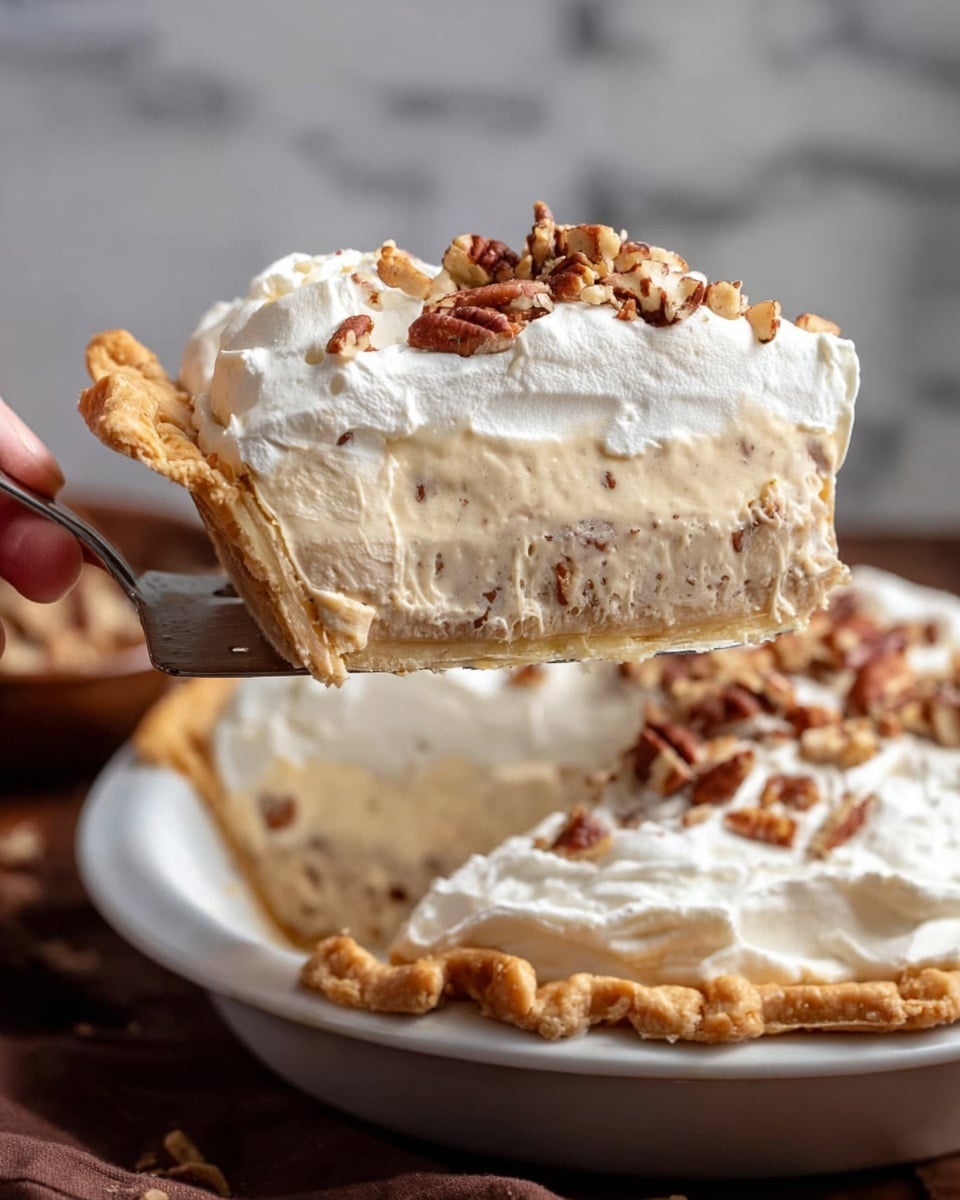 The image shows a slice of cream pie being lifted from a white pie plate. The pie has three layers: a golden brown flaky crust at the bottom, a thick middle layer of light tan creamy filling with visible small pecan pieces, and a thick top layer of white whipped cream crowned with chopped toasted pecans. The background is a white marbled surface. Photo taken with an iphone --ar 4:5 --v 7