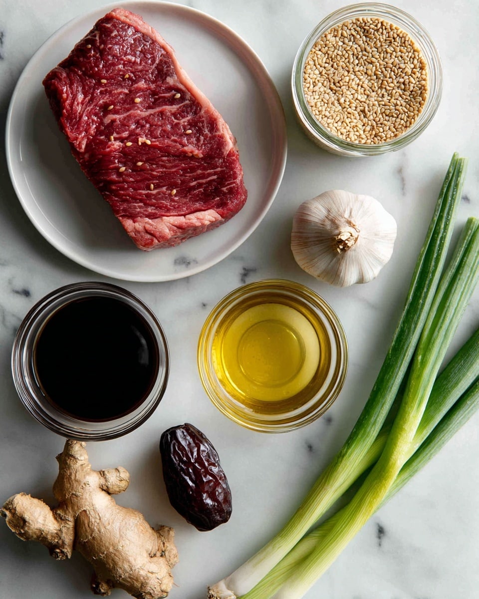 A flat lay image shows raw steak placed on a small white plate in the top left. To the right of the steak are a jar of sesame seeds and a garlic bulb on a white marbled surface. Below the steak, there is a glass cup of dark coconut aminos sauce, a ginger root, and a dark brown Medjool date arranged loosely. In the center is a small glass bowl of golden sesame oil, and below it slightly to the right is another small glass bowl of light avocado oil. At the bottom right, two long green onions lie diagonally on the white marbled surface. The image is clear, simple, and evenly lit with natural light, photo taken with an iphone --ar 4:5 --v 7