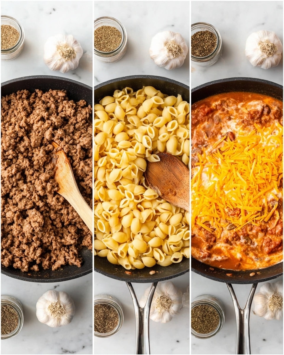 The image shows three side-by-side views of a black pan on a white marbled surface. In the first view, the pan contains cooked brown ground meat with a wooden spoon resting on the left edge. In the second view, the pan holds three layers: cooked ground meat on the right, yellow pasta shells on the left, and light cream sauce with red tomato sauce at the bottom right, all mixed together with the wooden spoon on top. The third view shows the mixed pasta and meat covered with a bright layer of shredded orange cheese, with black pepper sprinkled on the right and the wooden spoon resting on the upper part of the pan. Around the pan, there are garlic bulbs and jars of spices. Photo taken with an iphone --ar 4:5 --v 7