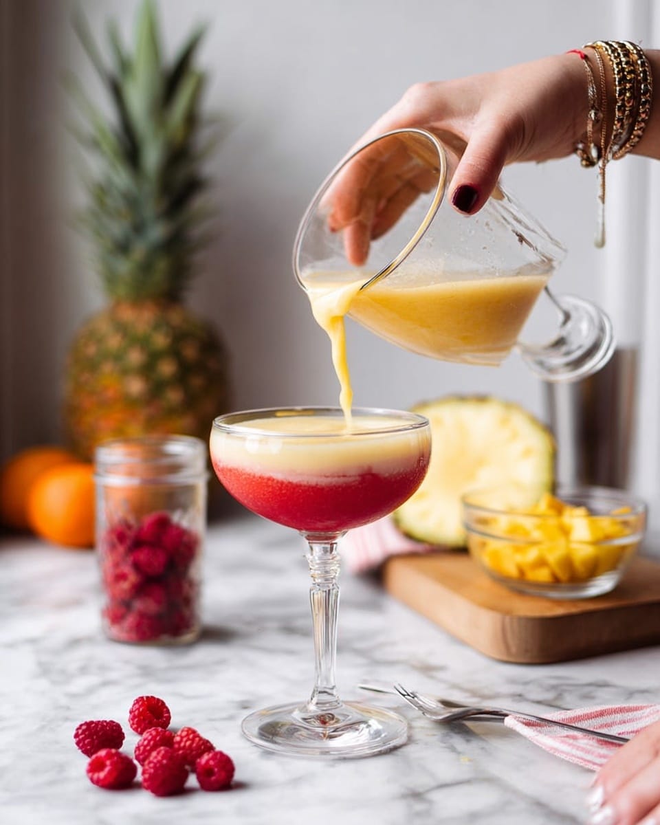 A clear glass cocktail glass with two layers is shown. The bottom layer is bright red with a smooth texture, while the top layer is a thick pale yellow liquid being poured from a clear glass pitcher held by a woman's hand. The glass is on a white marbled surface with some red raspberries scattered around. Near the glass, there is a small jar filled with the red liquid and a bowl with yellow diced fruit. A pineapple and blurry kitchen items are in the white background. Photo taken with an iphone --ar 4:5 --v 7