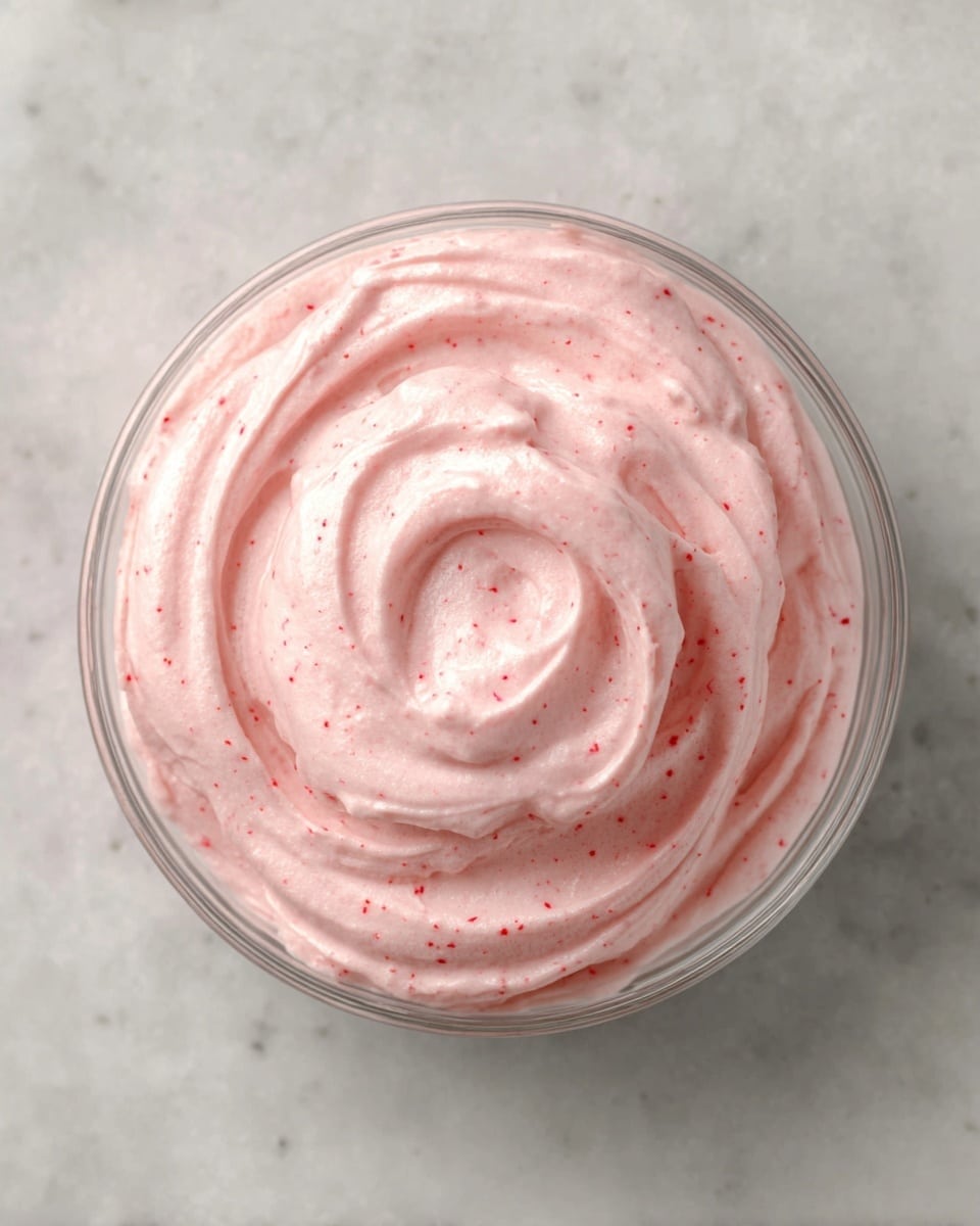 A clear glass bowl holds a smooth, creamy pink mousse with small red specks mixed evenly throughout. The mousse is swirled in a circular pattern, creating soft peaks and valleys on the surface. The bowl sits on a white marbled surface, and the texture of the mousse looks light and fluffy. photo taken with an iphone --ar 4:5 --v 7