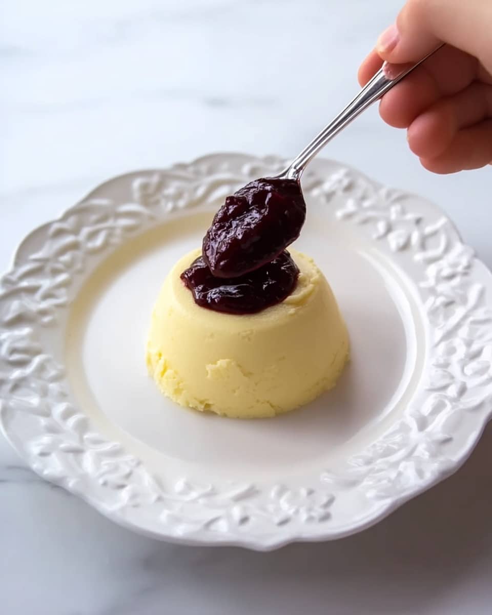 A close-up view of a small white ramekin filled with a creamy light yellow mixture, with a raw egg yolk on top. A silver spoon is partially submerged in the mixture, resting inside the ramekin. The ramekin is placed on a sleek digital kitchen scale with a white marbled surface underneath. At the top right corner of the image, a woman's hand is slightly blurred as if in motion, about to interact with the spoon or ramekin. The background features a white marbled texture. photo taken with an iphone --ar 4:5 --v 7
