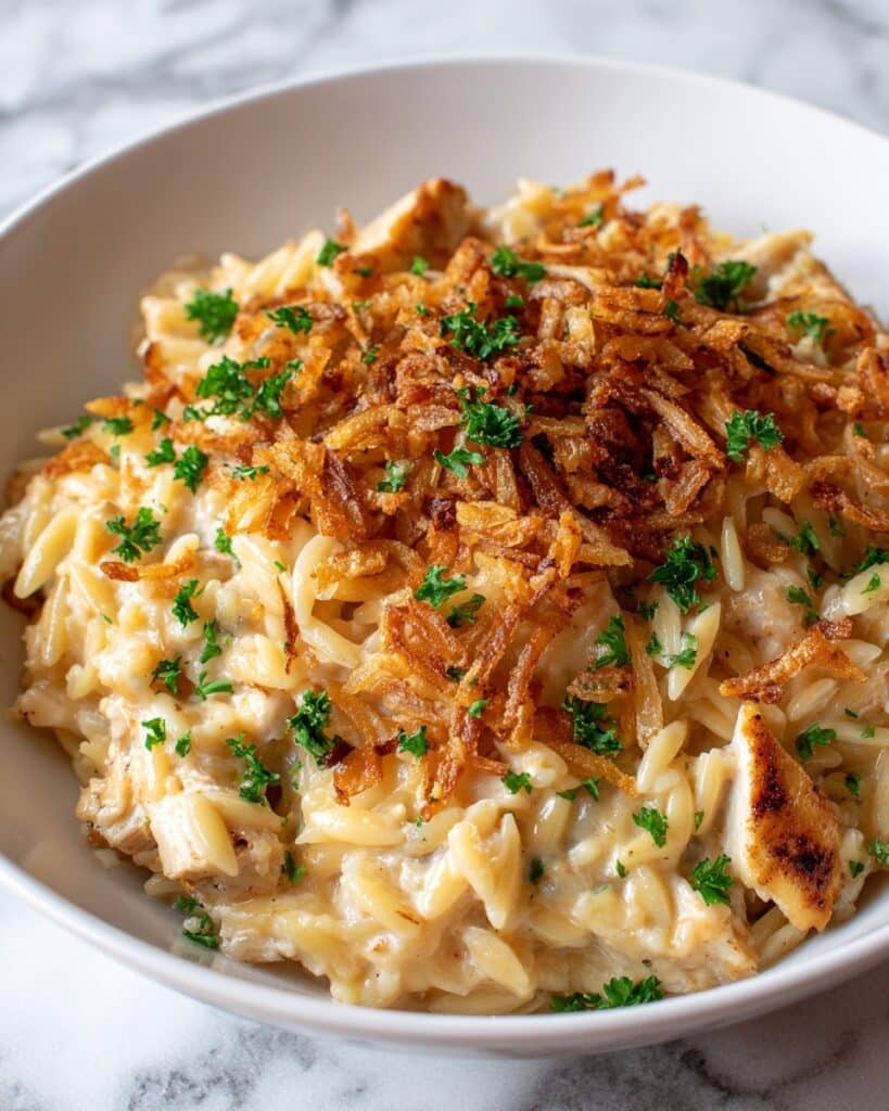 French Onion Chicken Orzo Casserole Recipe