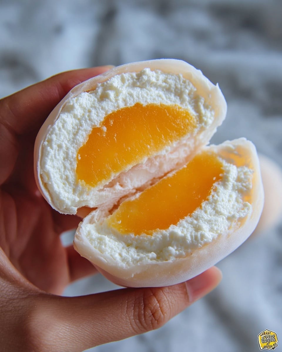 A woman's hand holds a sliced white mochi, showing two layers inside: a smooth, bright orange layer in the center surrounded by a thick, fluffy white cream layer. The mochi outside is pale and slightly translucent, wrapping softly around the filling. The background is a white marbled texture. photo taken with an iphone --ar 4:5 --v 7