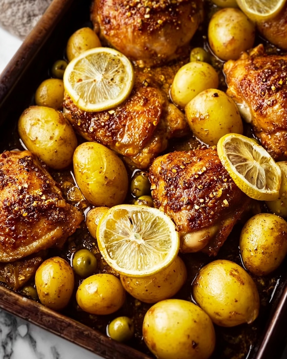 The image shows a tray filled with golden brown baked chicken pieces and whole yellow baby potatoes. The chicken pieces have a crispy, slightly chunky texture with visible small bits of seasoning on top. Interspersed among the chicken and potatoes are slices of lemon, displaying a pale yellow color with a juicy, glossy surface. The tray is dark and contrasts with the warm colors of the food, placed on a white marbled texture. The scene looks warm and inviting, with the food arranged closely together, showing a hearty baked meal photo taken with an iphone --ar 4:5 --v 7