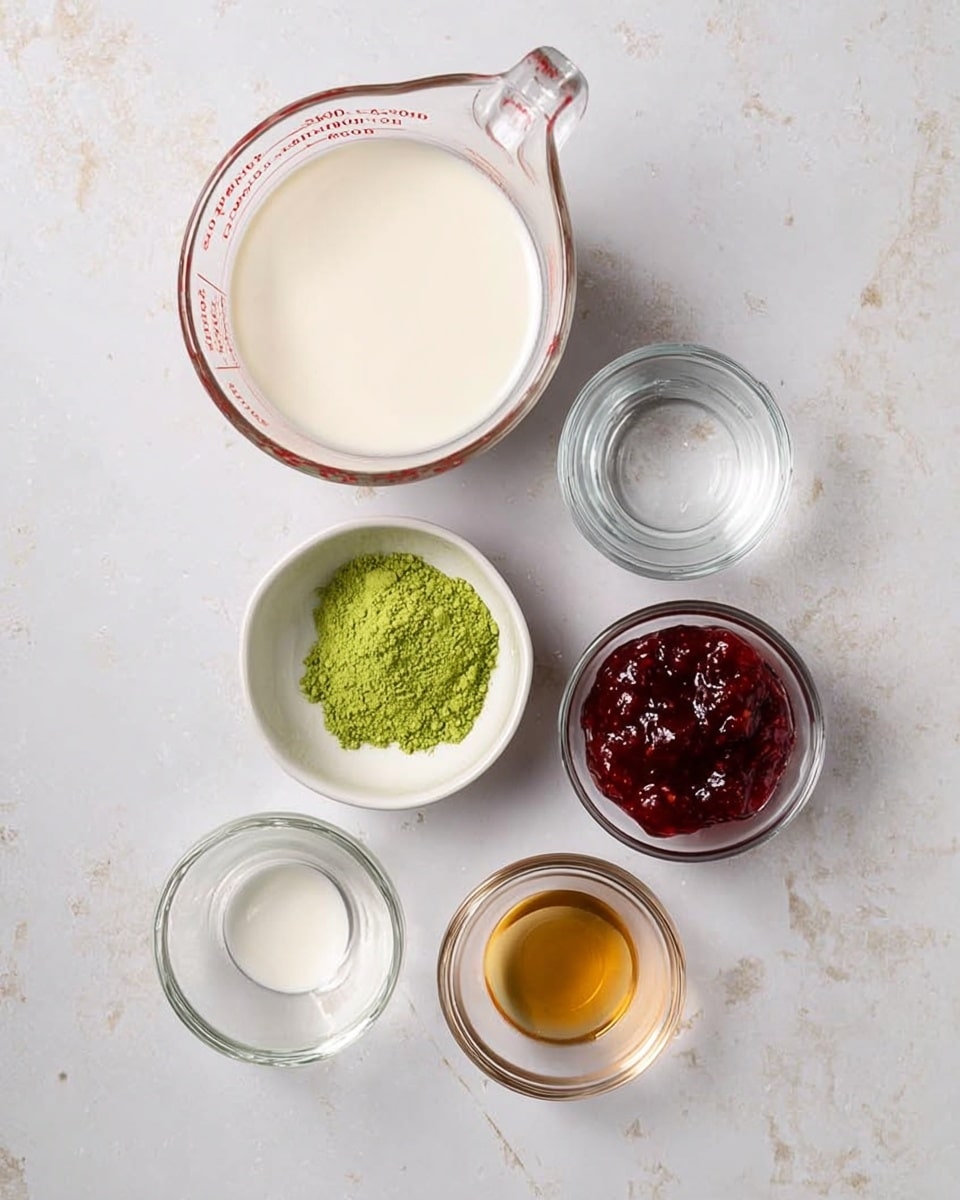 The image shows six small glass bowls and a glass measuring cup placed on a white marbled surface. The glass measuring cup is filled with a creamy white liquid. One small bowl contains a bright green powder, another bowl holds clear water, and a third bowl has a deep red jam-like substance. There is a small bowl with a golden liquid, another with a light brown liquid, and all items are neatly arranged in a grid-like pattern. photo taken with an iphone --ar 4:5 --v 7