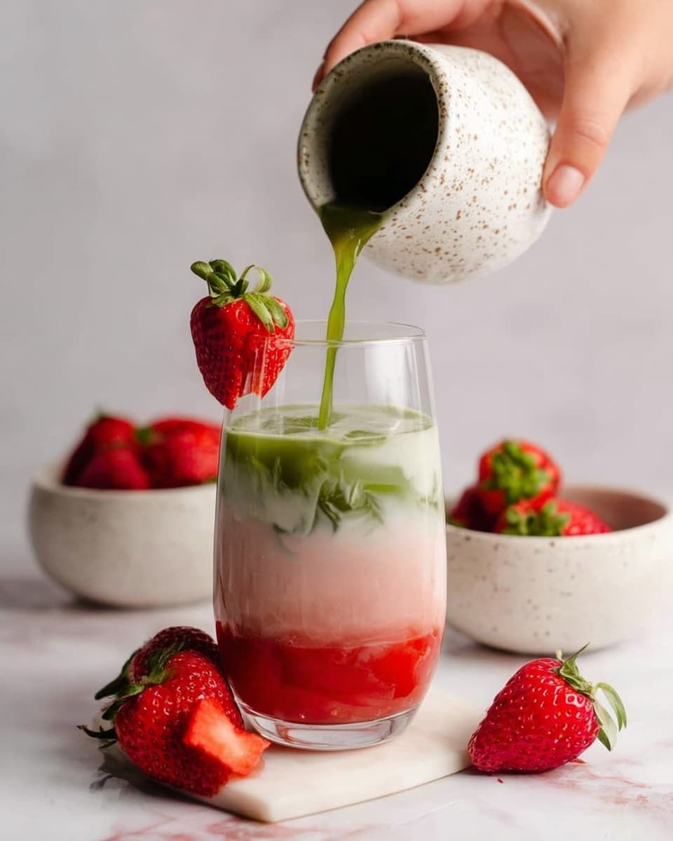 A clear glass shows three layers in a drink on a white marbled surface. The bottom layer is bright red and slightly thick, the middle layer is light pink and smooth, and the top layer is a mix of white and green swirling together with an uneven texture. A red strawberry with green leaves hangs on the glass's rim. A woman's hand pours a dark green liquid from a small speckled white jug into the glass. Around the glass are fresh red strawberries with green tops. In the background, there are two white speckled bowls, one filled with strawberries. The overall colors are fresh reds, whites, and greens, with soft natural light. photo taken with an iphone --ar 4:5 --v 7
