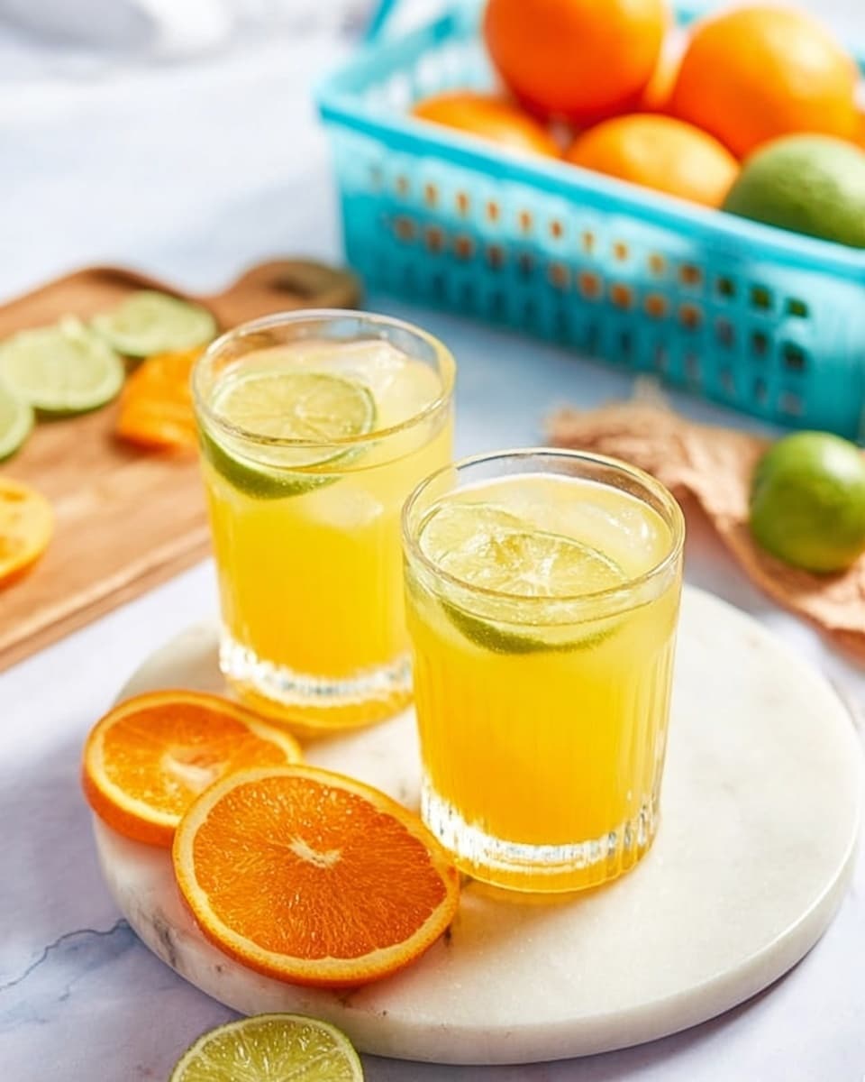 The image shows two clear glasses filled with yellow-orange juice, each topped with a thin round slice of lime floating on the surface. The glasses are placed on a white marble round plate. On the plate near the glasses are two bright orange slices, showing their fresh juicy texture, and a whole green lime is partially visible. In the background, there is a light blue basket holding two whole oranges, and a wooden board with lime and orange slices scattered on it, all set on a white marbled surface. The scene is bright and fresh, with soft natural light. photo taken with an iphone --ar 4:5 --v 7