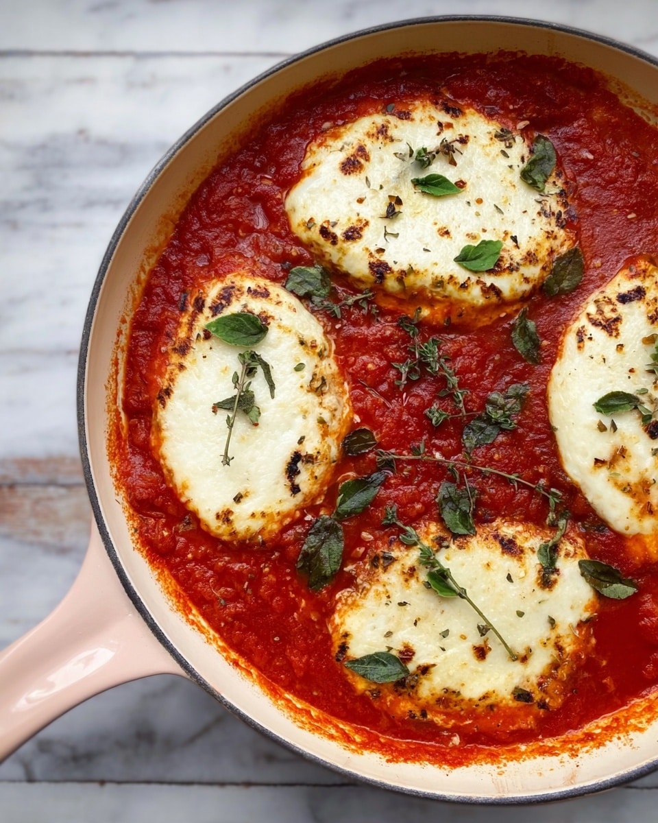 A white skillet filled with thick red tomato sauce as the base layer, with three large oval white cheese slices on top, lightly browned with grill marks. Small green herb leaves are spread over the cheese, adding a touch of color. The skillet is on a white marbled surface, and the skillet handle is light pink. photo taken with an iphone --ar 4:5 --v 7