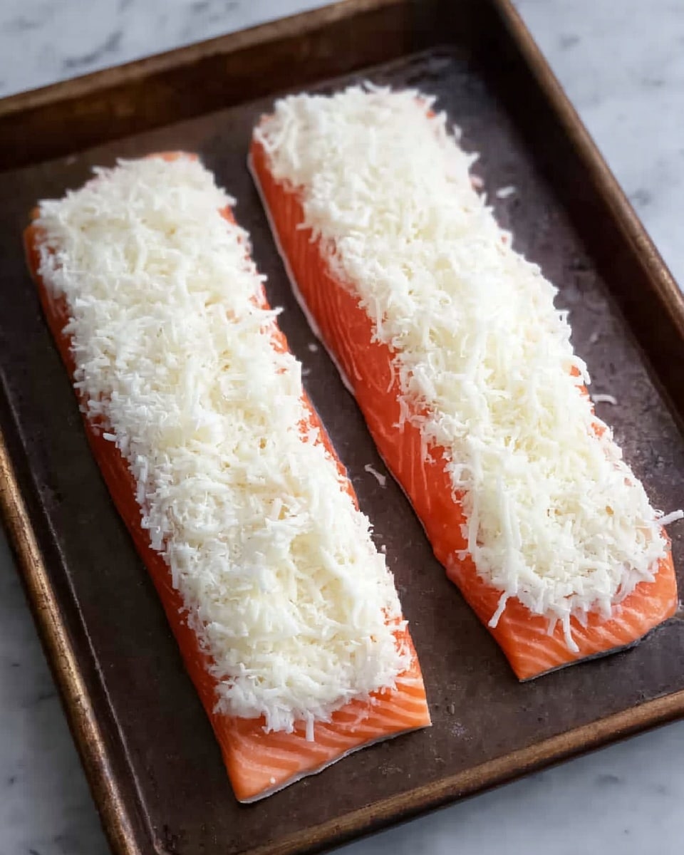 The image shows two pieces of cooked salmon on a white plate, each topped with a thick layer of melted, slightly browned cheese mixed with herbs. The cheese layer is creamy white with a golden crust on top and small green herb specks, covering the salmon fully. One piece is being held down by a fork, with a woman's hand visible, breaking into the tender, pink salmon beneath the cheese. The background is a clean white marble surface with light veins. photo taken with an iphone --ar 4:5 --v 7