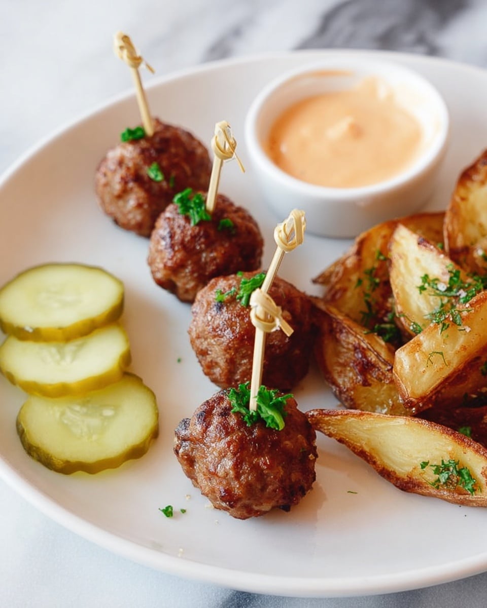 The image shows a white plate with five brown meatballs on small bamboo picks, each meatball garnished with small green parsley bits. Below the meatballs are six round slices of bright green pickles. To the right of the pickles, there are golden-brown potato wedges sprinkled with herbs. On the upper right side of the plate, there is a small white bowl filled with a light orange creamy sauce. The plate is placed on a white marbled surface. photo taken with an iphone --ar 4:5 --v 7