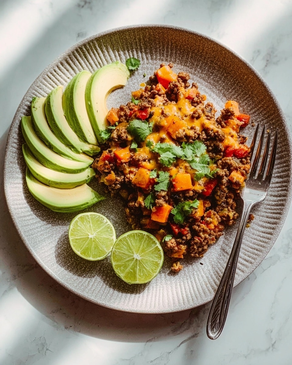 The image shows a white plate with a textured edge holding a colorful dish made of cooked ground meat mixed with small orange cubes and bits of red tomatoes, topped with melted cheese and sprinkled fresh green cilantro leaves. On the left side of the plate, there are five thin slices of vibrant green avocado neatly fanned out. At the bottom center, two bright green lime wedges rest side-by-side. A silver fork is placed on the top right edge of the plate, slightly resting on the food. The plate is set on a white marbled surface with a soft natural light coming from the top left, casting gentle shadows. photo taken with an iphone --ar 4:5 --v 7