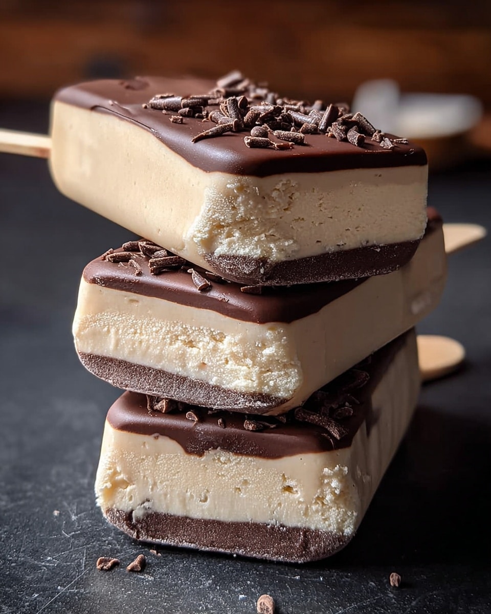 Three stacked ice cream bars are shown on a dark surface with a blurred wooden background. Each bar has three layers: a thick, smooth dark brown chocolate layer on top with small chocolate shavings, a creamy beige ice cream middle with a soft texture, and a thin dark chocolate layer on the bottom. The wooden sticks are light beige and partially visible, sticking out from the bars on the left side. The focus is sharp on the bars, showing their detailed texture clearly. Photo taken with an iphone --ar 4:5 --v 7
